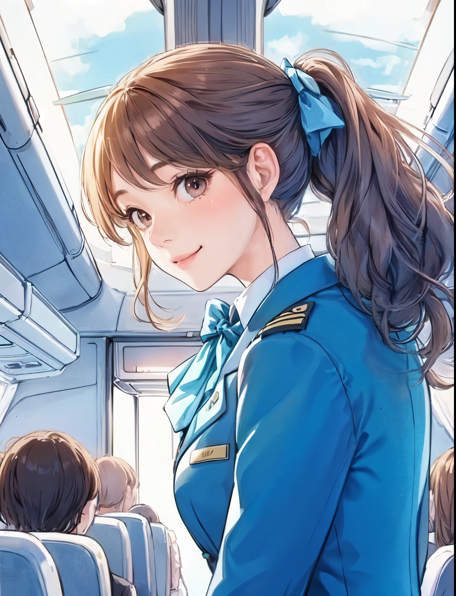 1lady standing, (looking back) (from behind), stewardess, (stewardess uniform), mature female, /(light brown hair/) bangs, blush kind smile, (masterpiece best quality:1.2) ultra-detailed, large breasts BREAK /(airplane seat/) indoors