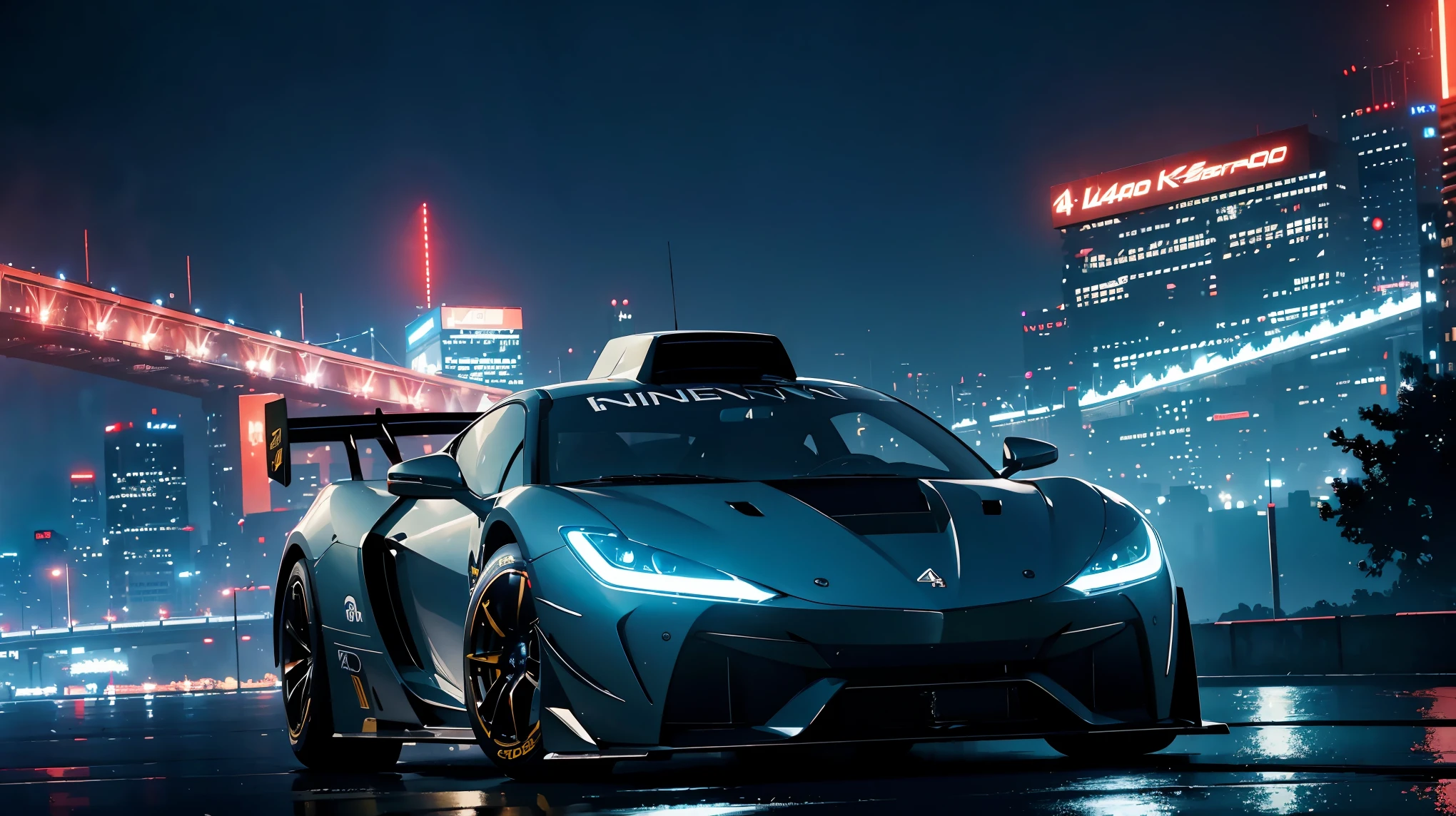 racing car、futuristic cityscape、neon light、high speed、adrenaline rush、sophisticated aerodynamic vehicle、Fast-paced action、fierce competition、A truck that defies gravity、high tech racing suit、cutting edge engine、intense energy field、dynamic camera angle、futuristic technology、captivating visuals、epic race、high octane atmosphere、immersive experience。 (highest quality、4k、8k、High resolution、masterpiece:1.2)、Super detailed、photorealistic:1.37、HDR、UHD、studio lighting、Physically based rendering、extreme details、professional and bright colors、Bokeh、cyberpunk aesthetics、high contrast、cinematic lighting。