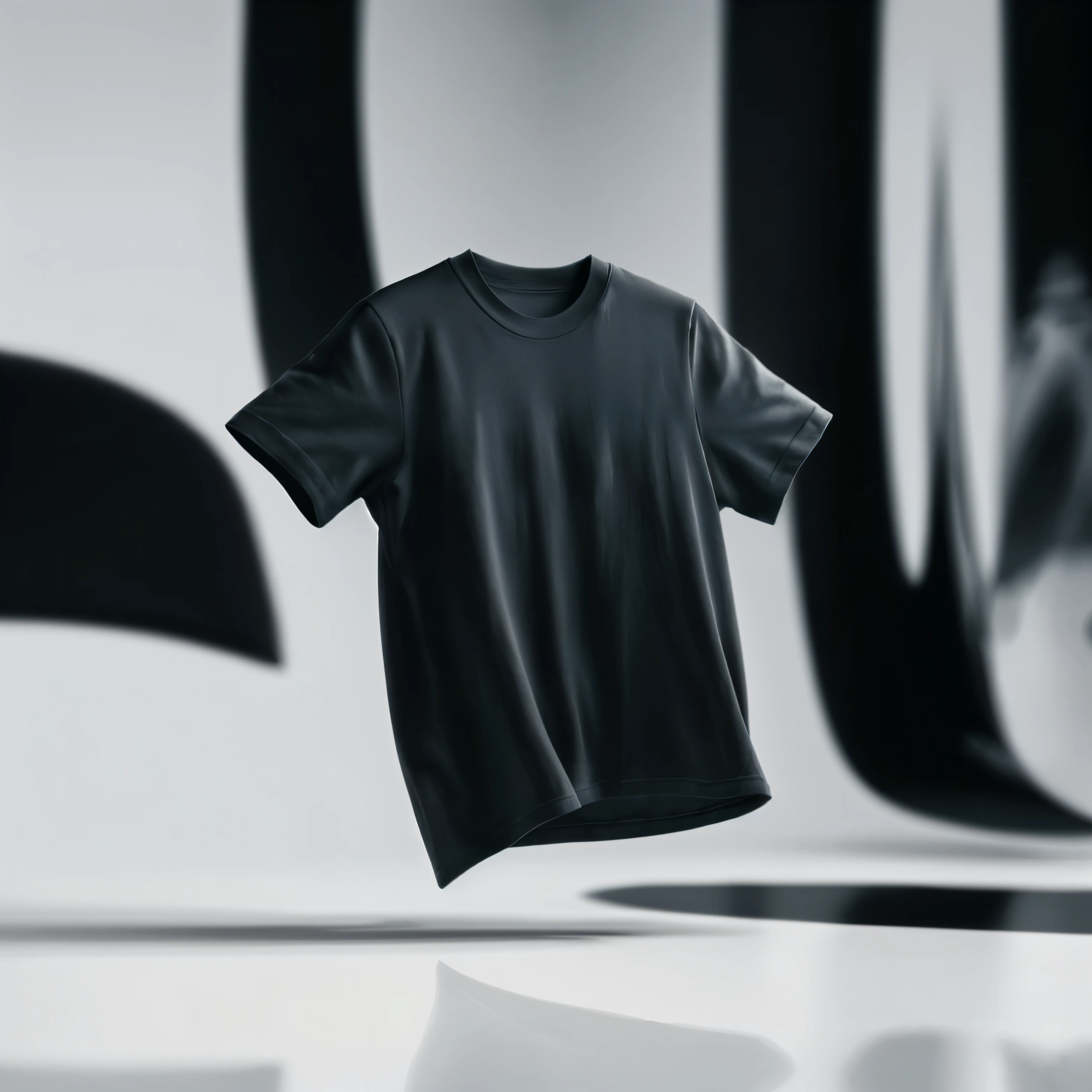 A captivating 3D rendering of a plain black t-shirt, suspended in mid-air against a minimalistic white background. The t-shirt is devoid of any design or decoration, emphasizing its simplicity and elegance. The cinematic atmosphere is heightened by the blurred monochrome colors in the background, creating a sense of depth and sophistication., photo