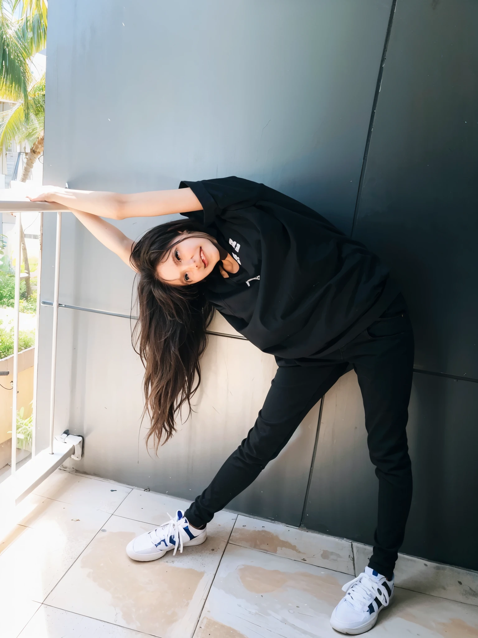 arafed woman leaning against a wall with her arms outstretched, in an action pose, distorted pose, very cool pose, playful pose of a dancer, casual pose, really cool pose, cool pose, with a cool pose, doing a sassy pose, shooting pose, posing like a falling model, taken with canon 8 0 d, epic angle and pose, cute smile