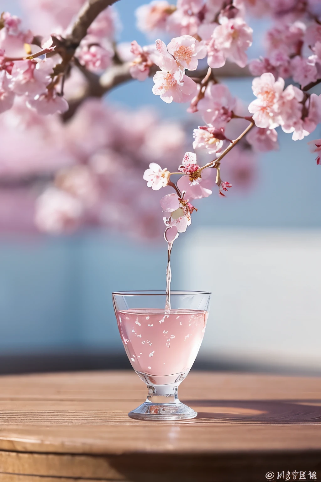 Create an image that captures a singular, pristine droplet of sake as it is gently poured from a traditional Japanese tokkuri (sake bottle), with a cherry blossom vividly reflected within the droplet. The focus is on the moment just before the droplet detaches and falls , encapsulating a whole sakura petal within its clear, delicate surface. The background should be softly blurred to enhance the clarity and sharpness of the droplet and the sakura reflection within, creating a stark contrast between the subject and its surroundings. This artistic choice serves to draw the viewer's attention directly to the intricate details of the cherry blossom's reflection in the sake, symbolizing the ephemeral beauty of nature and the purity of the sake. The lighting should be soft yet sufficient to illuminate the sakura's delicate pink hues captured within the droplet, with the overall composition embodying a serene, almost poetic celebration of Japanese spring