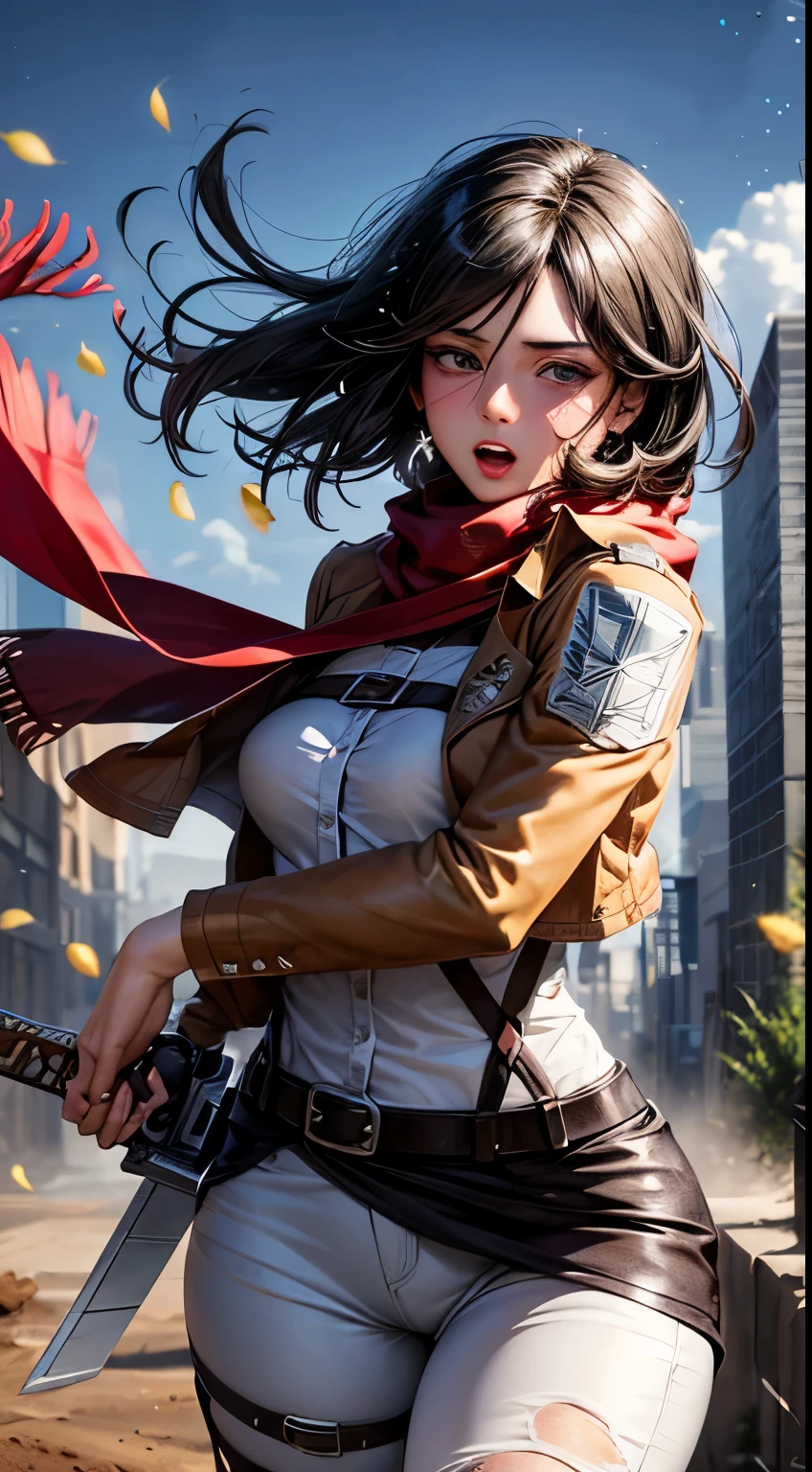 BREAK, 1girl, solo, looking at viewer, (young cute beautiful 18-year-old girl:1.4), 3d face, beautiful girl, Beautiful face, pretty, girlface, kpop idol, supermodel, stunning innocent symmetry face, perfect body, medium breast, slim waist, slim legs, (high detailed skin:1.4), glowing eyes, goddess, natural skin texture, shiny skin, White skin, Beautiful detailed face, detailed face, real skin texture, cute delicate face, finely detailed face, golden ratio, golden ratio face, expressive eyes, perfect face, perfect skin, flawless face, clear face, shiny hair, pale skin, Proper body proportion, perfect anatomy, realistic skin texture, luscious lips, glossy lips, natural makeup, beautiful bright pupils, slender figure, intricate eyes, detailed pupils, detailed face and eyes, longeyelashes, blush, good hand, perfect hands, pretty face, beautiful female bodies, finely detailed skin, oily shiny skin, BREAK, (((((Attack on Titan, (brown jacket, emblem, white shirt, white pants:1.5), (hmmikasa, short hair, black eyes, scarf, belt, thigh strap, red scarf, long sleeves:1.4), (holding weapon, sword, dual wielding, three-dimensional maneuver gear, fighting stance, sky:1.4), (battle, adventurous look:1.3), (blush, fantasy, scenery, plants, open mouth:1.2), (highly detailed worn metal texture:1.2), (floating colorful sparkles, light is shining, dust is drifting, floating catkins, fog, wind:1.2), (rust, dirt, dust, scratches, abrasions on the metal texture:1.2), (fly:1.4)