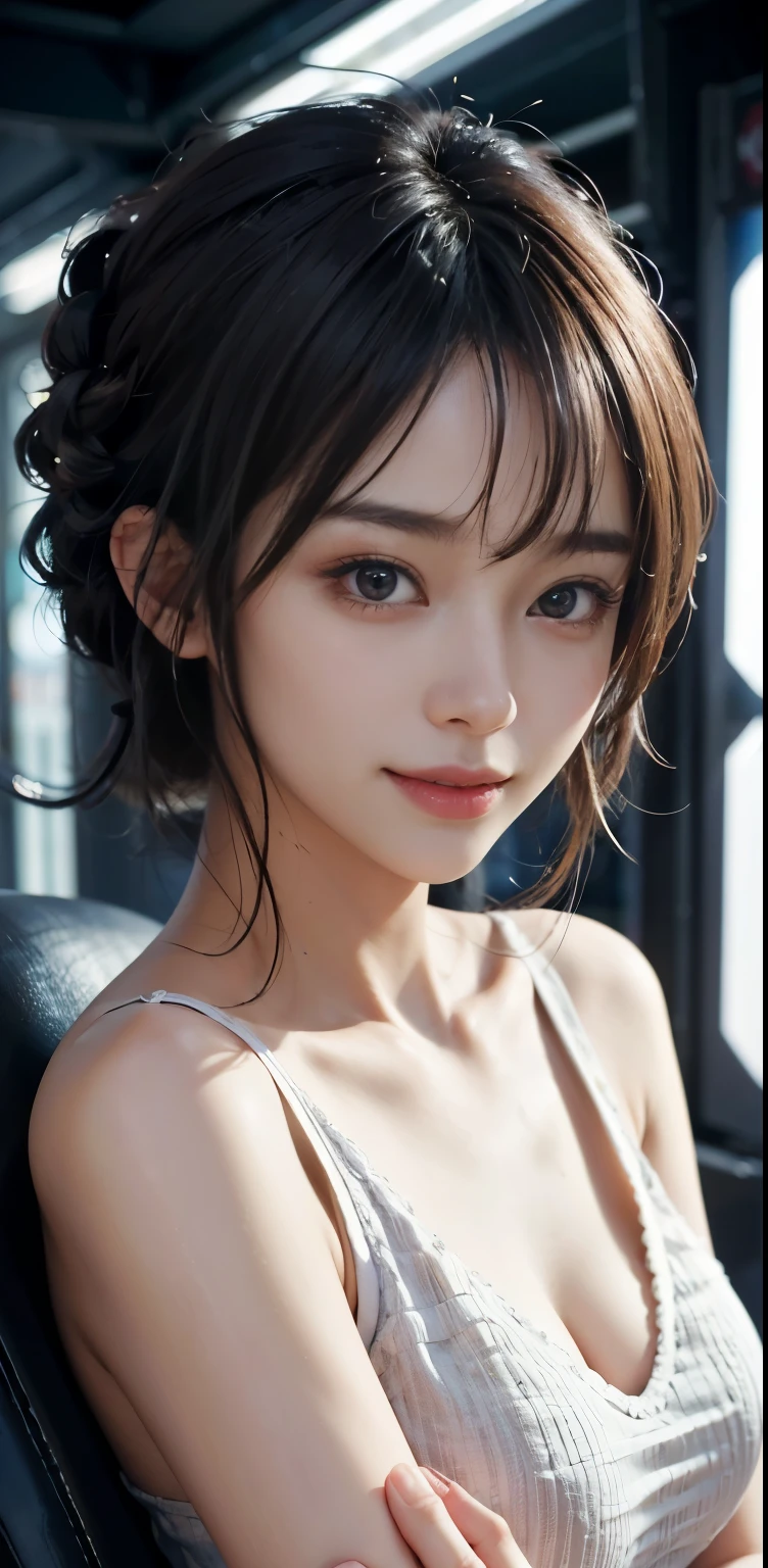Masterpiece, 1 Beautiful Girl, Detailed, Swollen Eyes, Top Quality, Ultra High Resolution, (Reality: 1.4), Original Photo, 1Girl, Cinematic Lighting, Smiling, Japanese, Asian Beauty, Korean, Clean, Super Beautiful, Little Young Face, Beautiful Skin, Slender, Cyberpunk Background, (ultra realistic), (high resolution), (8K), (very detailed), (best illustration), (beautifully detailed eyes), (super detailed), (wallpaper), (detailed face), viewer looking, fine detail, detailed face, pureerosfaceace_v1, smiling, 46 point slanted bangs, looking straight ahead, neat clothes, dark colored eyes, clothes sleeveless, body facing front,