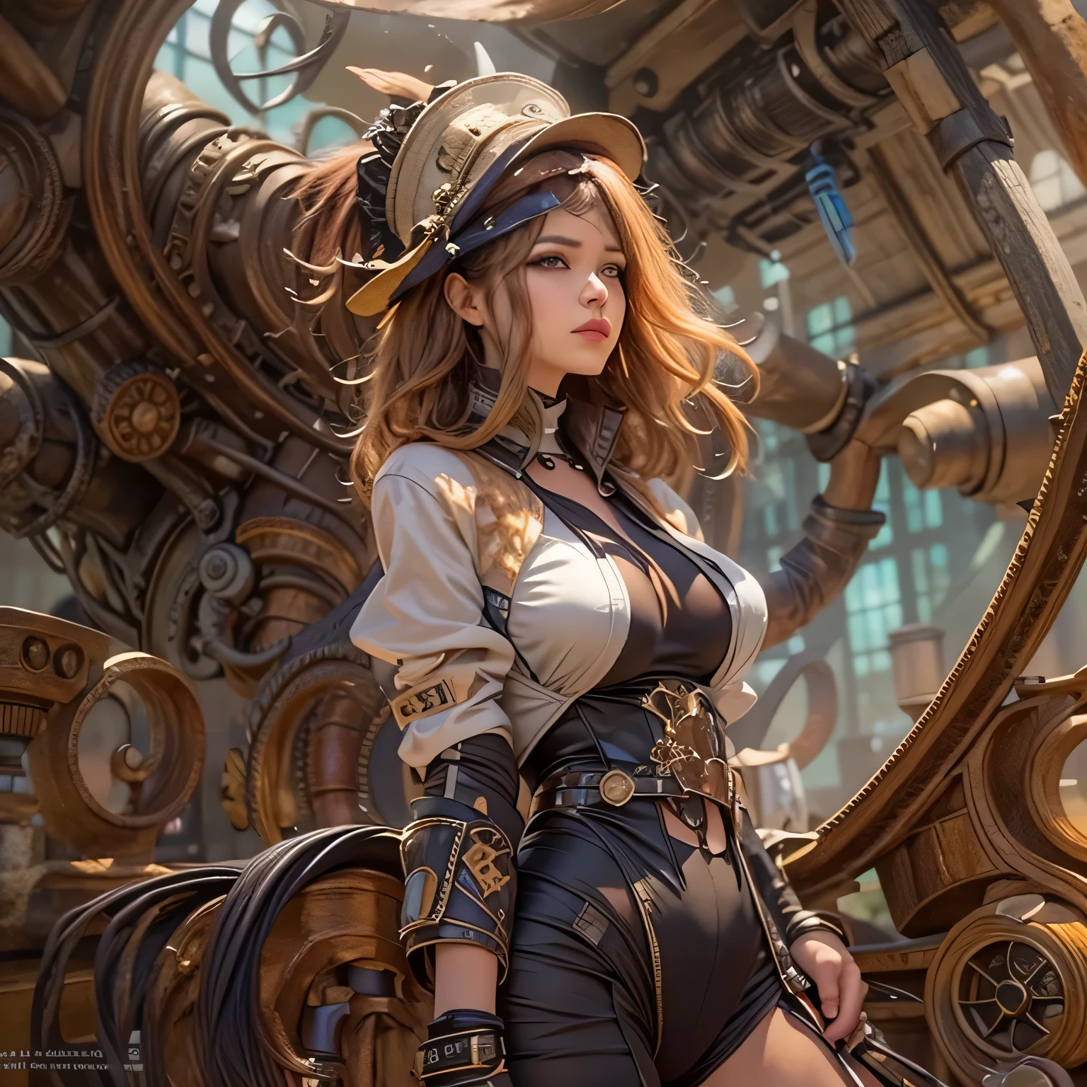 suggestive pose, random hair color, random eye color, Tenebrism art style painting,oil on canvas,(((huge big natural saggy breasts,very noticeable cameltoe))),steampunk airship background scenery,Complete Steampunk Clothes Intricade Details, WLOP, sakimichan,greg latkowski, Alphonse Mucha, makoto shinkai, Stanley Art Jem Lau, Los Doros, surreal,art station trends, unreal engine 5, 8K,concept art,digital paint, splash art, splash paint, face portrait,grunge painting, written by banksy, Written by Greg Tocchini, Written by James Gillard, Written by Joe Fenton, Written by Keith Butcher, very detailed, symmetrical, octane rendering, concept art, Artistic, cinematic, super sharp focus, very detailed, Vibrant soul, perfection