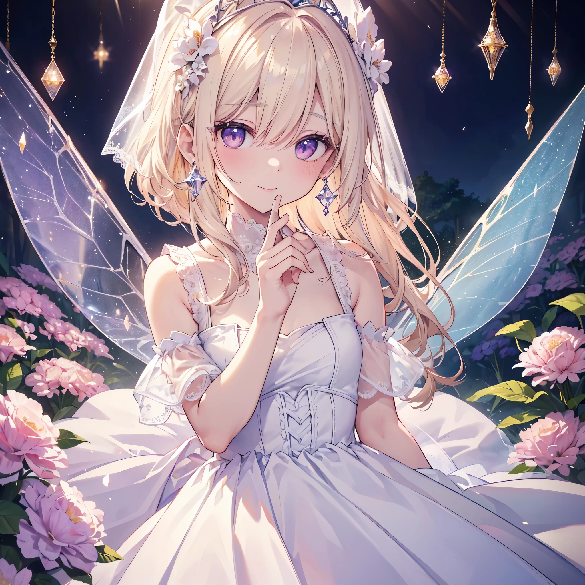 (highest quality, masterpiece, Super detailed, very detailed, exquisite, 16k,Full HD),dramatic lighting, warm lighting, soft lighting, environmental lighting, ((alone:1.5)),From the side,white background,From above,((head shot)),Wake up,large amount of flowers,The entire screen is surrounded by flowers,in the forest,(Crystal Forest),(fairy princess, purple eyes, long eyelashes,white skin,slim,Pale pink lip,pale pink cheeks, blonde,thin and long,(thin and high nose,small nose),(腰の少しFrom above巨大な妖精の羽),diamond tiara,diamond earrings,Diamond Choker,white ball gown dress with diamonds, lace and ruffles,(laughter), (fantasy, romantic atmosphere), magic light,
