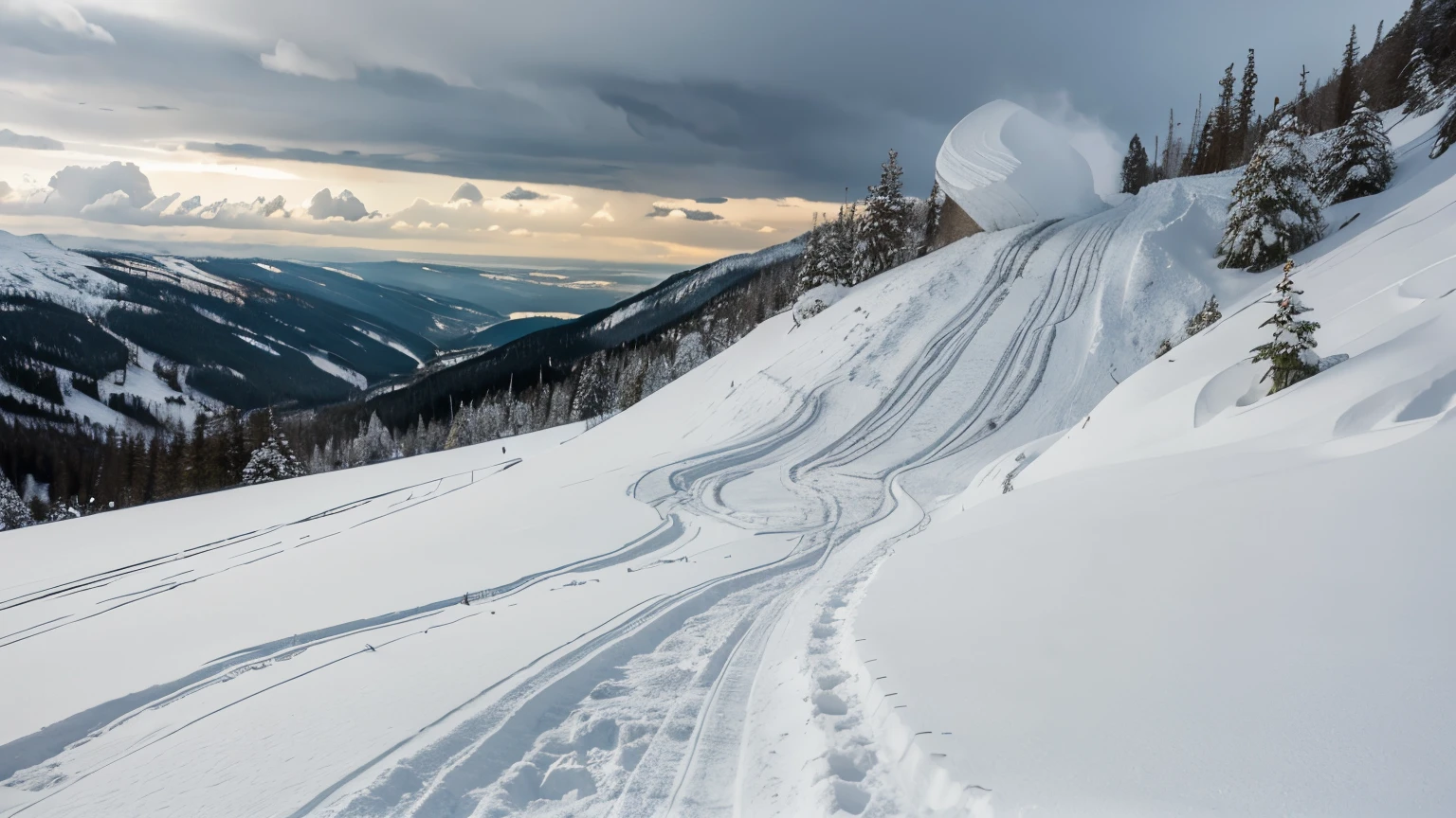 Depict a massive snowslide thundering down a steep slope, carving its path through the landscape.