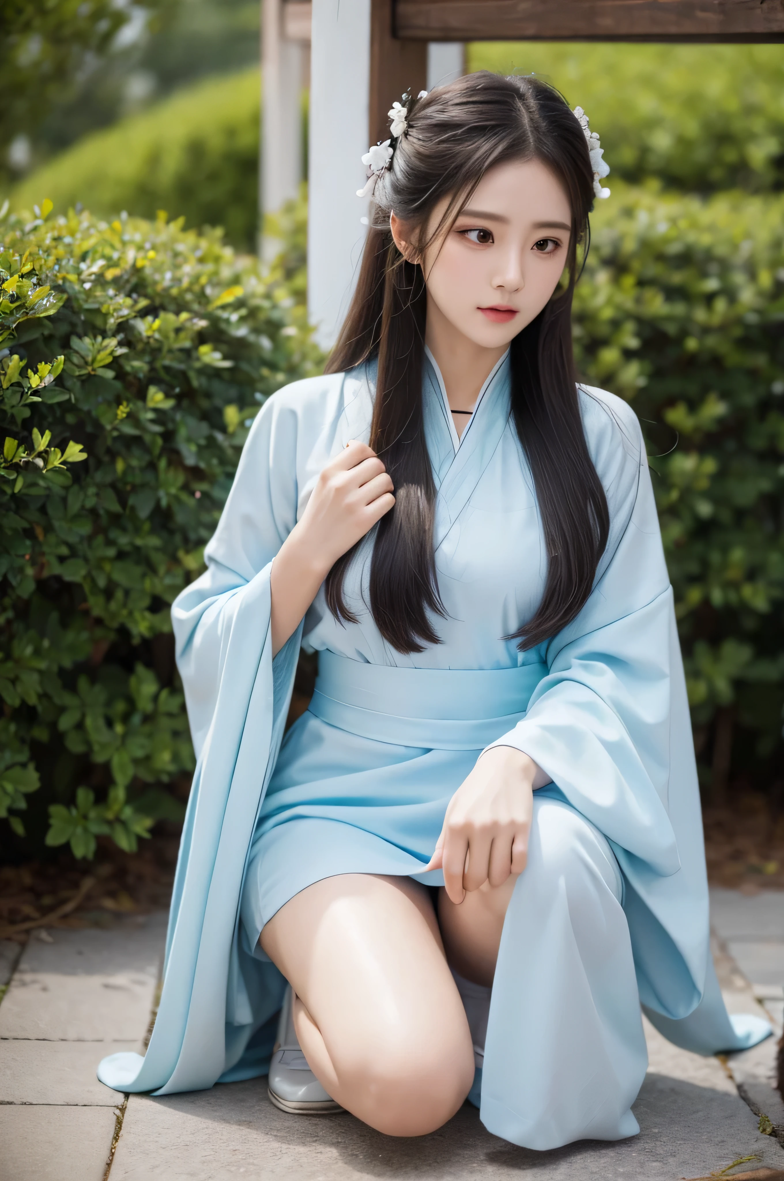 Fair, masterpiece, best quality, extremely detailed face,1 girl, alone，wrap your chest，hanfu，white stockings，kneeling position