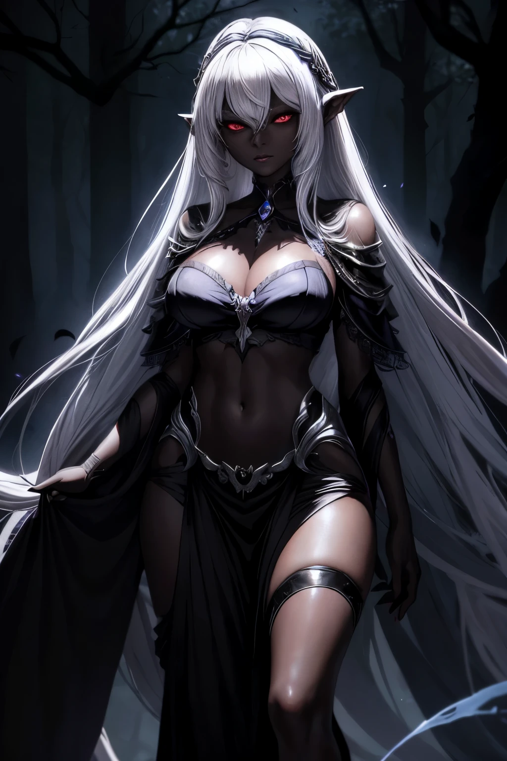 In the depths of a mystical forest, a drow female figure emerges from the shadows, her raven black skin glistening with an ethereal sheen. With deep red eyes piercingly fixated on the viewer, she exudes an air of enigmatic allure. Her long white hair cascades down her back like a silken waterfall, and an intricately crafted arma is slung over one shoulder.

As she stands before you, the drow female blushes deeply, her cheeks turning a rosy hue, revealing her perky breasts and curvaceous hips. She is dressed in a revealing bikini that clings to her short and busty