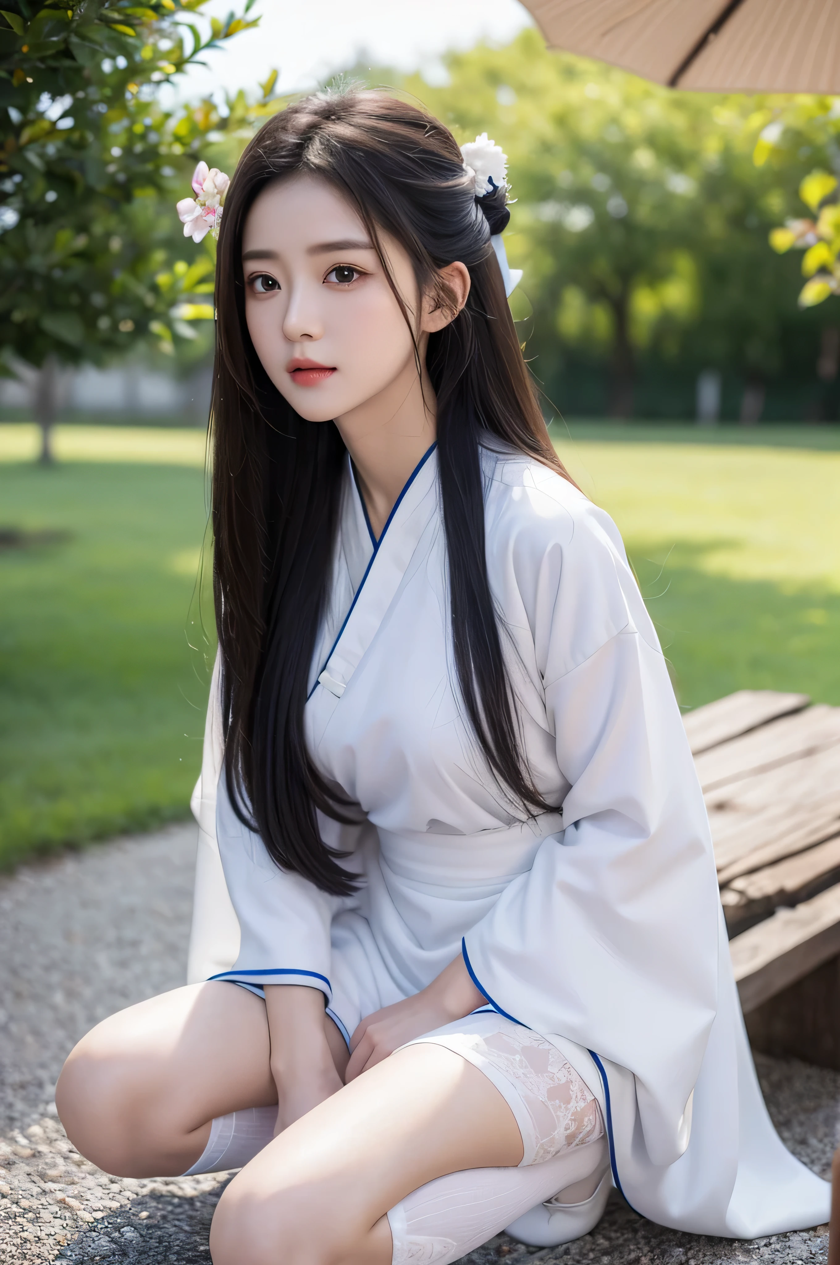 Fair, masterpiece, best quality, extremely detailed face,1 girl, alone，wrap your chest，hanfu，white stockings，kneeling position