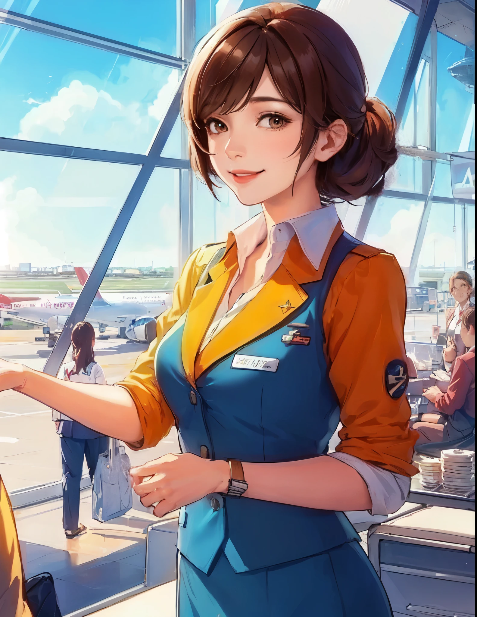 1lady solo, stewardess, (stewardess uniform), mature female, /(brown hair/) bangs, kind smile, (masterpiece best quality:1.2) ultra-detailed, large breasts BREAK /(airport reception/) indoors