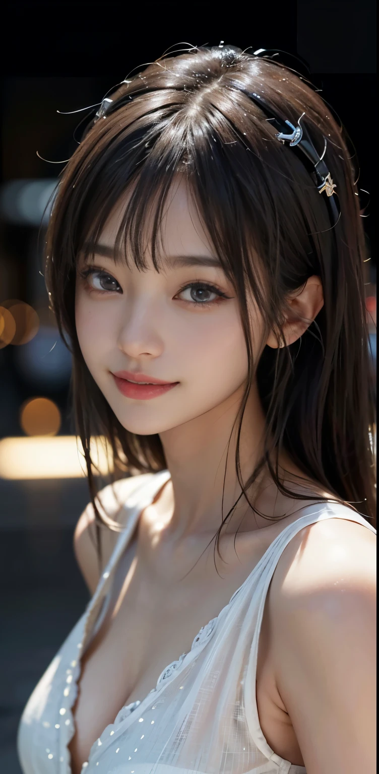 Masterpiece, 1 Beautiful Girl, Detailed, Swollen Eyes, Top Quality, Ultra High Resolution, (Reality: 1.4), Original Photo, 1Girl, Cinematic Lighting, Smiling, Japanese, Asian Beauty, Korean, Clean, Super Beautiful, Little Young Face, Beautiful Skin, Slender, Cyberpunk Background, (ultra realistic), (high resolution), (8K), (very detailed), (best illustration), (beautifully detailed eyes), (super detailed), (wallpaper), (detailed face), viewer looking, fine detail, detailed face, pureerosfaceace_v1, smiling, 46 point slanted bangs, looking straight ahead, neat clothes, dark colored eyes, clothes sleeveless, body facing front,