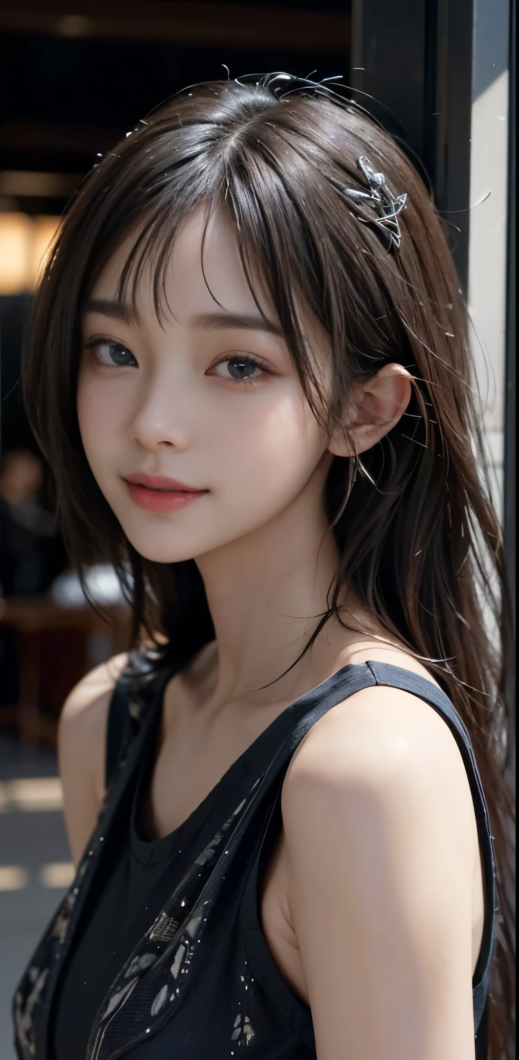 Masterpiece, 1 Beautiful Girl, Detailed, Swollen Eyes, Top Quality, Ultra High Resolution, (Reality: 1.4), Original Photo, 1Girl, Cinematic Lighting, Smiling, Japanese, Asian Beauty, Korean, Clean, Super Beautiful, Little Young Face, Beautiful Skin, Slender, Cyberpunk Background, (ultra realistic), (high resolution), (8K), (very detailed), (best illustration), (beautifully detailed eyes), (super detailed), (wallpaper), (detailed face), viewer looking, fine detail, detailed face, pureerosfaceace_v1, smiling, 46 point slanted bangs, looking straight ahead, neat clothes, dark colored eyes, clothes sleeveless, body facing front,