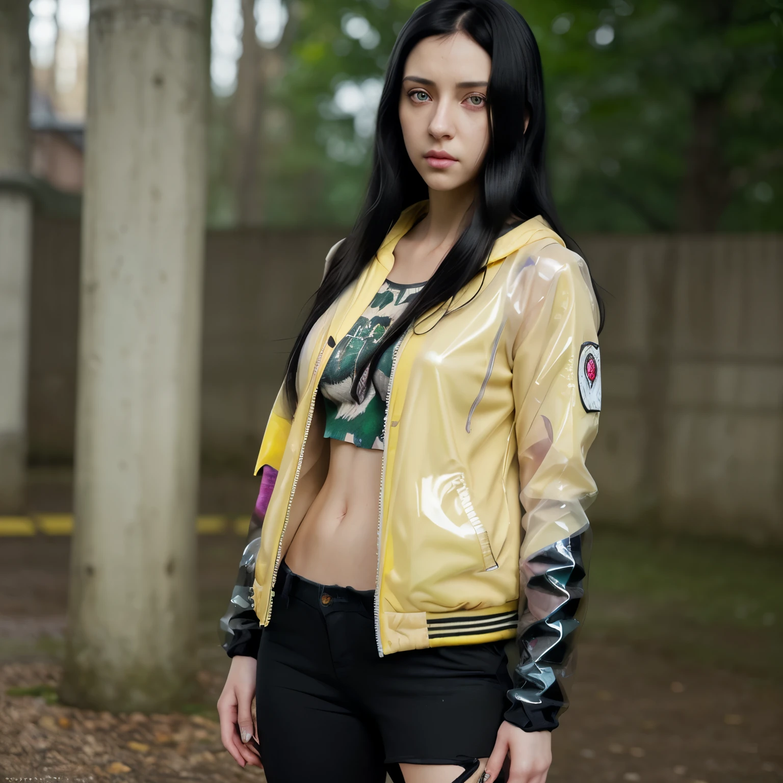 female, yellow jacket, hands in pockets, looking at someone else, long black hair, exotic eyes, exotic eyes, heterochromatic pupil, 8K resolution, very detailed, anatomically correct, digital painting, concept art, Makoto Shinkai style, Clear picture,Japanese Animation