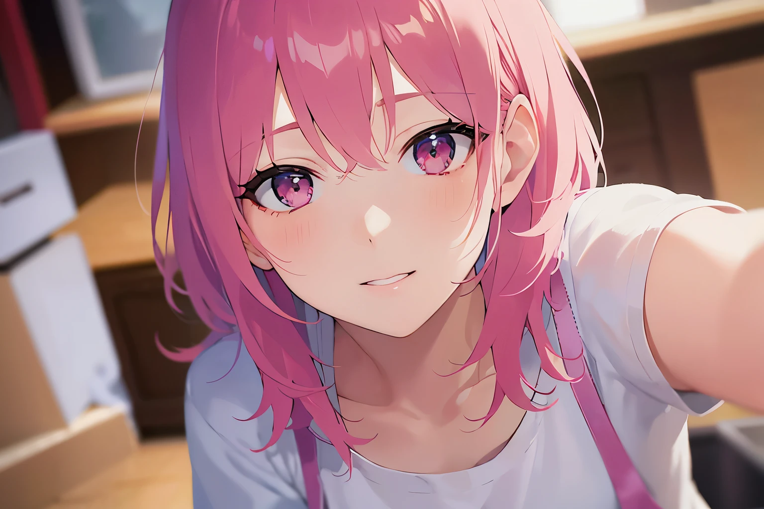 putting his hand on his cheek、looking up, shooting from above、Upper body is shown、Realistic, real person, RAW photo, photorealistic, portrait photography, shiny skin, japanese idol、pink hair、bob cut hair with bangs、20 year old woman with pink eyes、smile, blush, Alone、(white:1.2) and (T-shirt) and (pink apron), The background is the kitchen、Are standing、cooking