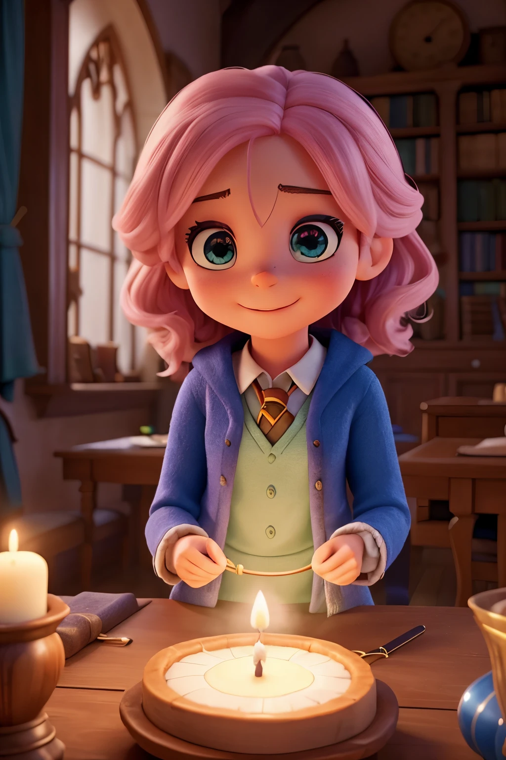 "A beautiful girl is about to turn 8 years old, radiante e sorridente! Their skin is white as snow, seus olhos cor de mel brilham com alegria e seus cabelos escuros e ondulados caem delicadamente sobre seus ombros. She prepares for a magical celebration in style, inspirada nos filmes de Harry Potter! The party will be held in the mysterious 'Caldeirão do Bruxo', como indicado por uma placa no fundo da sala. A is surrounded by friends, holding a simple wooden magic wand in her hands as she casts a glowing spell over a small pink birthday cake. Everyone is happy and celebrating around. The room is full of magic potions on shelves and large old books, while large windows reveal the soft evening light that spills over the great hall, com velas flutuantes ao fundo. This is a celebration full of magic and mystery, digna dos filmes de Harry Potter! Agora, let's turn this scene into an adorable Disney-style image, full of magic and mystery, capturing the magical essence of this celebration."