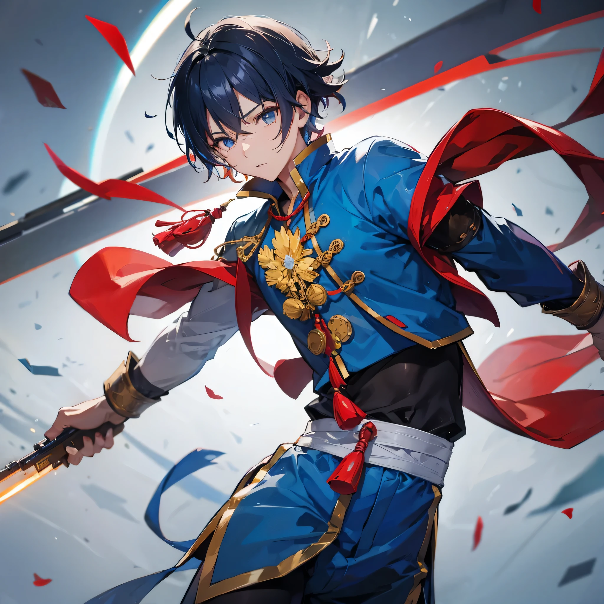 一位中式男性juvenile,((Men's short hair hairstyles)),juvenile,Chinese fighter jet,Use red tassel gun,blue and white,zhao yun,((one person))