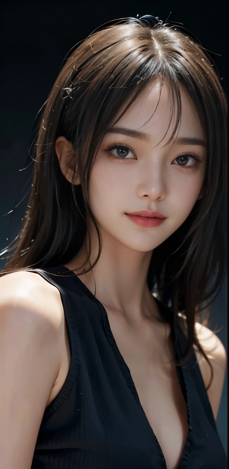 Masterpiece, 1 Beautiful Girl, Detailed, Swollen Eyes, Top Quality, Ultra High Resolution, (Reality: 1.4), Original Photo, 1Girl, Cinematic Lighting, Smiling, Japanese, Asian Beauty, Korean, Clean, Super Beautiful, Little Young Face, Beautiful Skin, Slender, Cyberpunk Background, (ultra realistic), (high resolution), (8K), (very detailed), (best illustration), (beautifully detailed eyes), (super detailed), (wallpaper), (detailed face), viewer looking, fine detail, detailed face, pureerosfaceace_v1, smiling, 46 point slanted bangs, looking straight ahead, neat clothes, dark colored eyes, clothes sleeveless, body facing front,