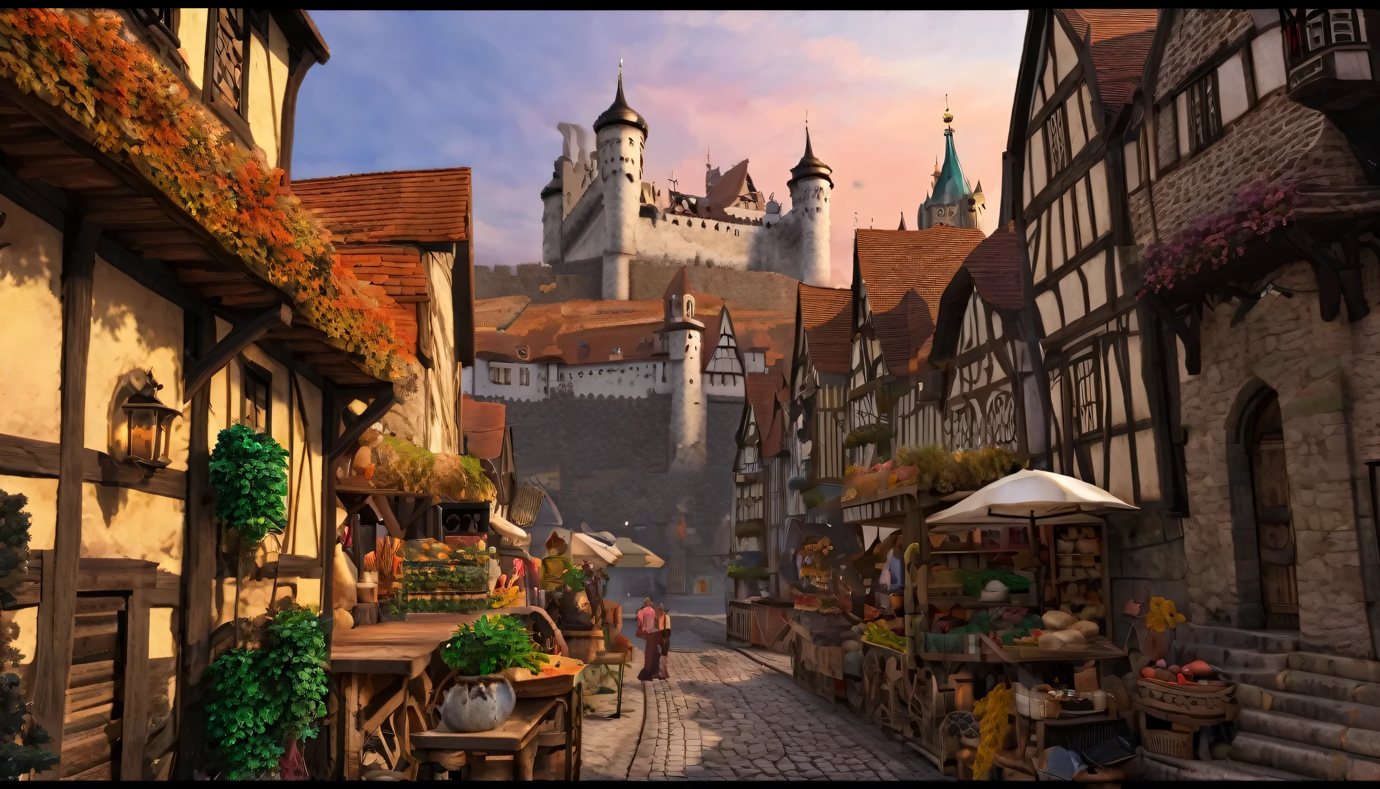 A lively medieval town with cobblestone streets, towering stone wall, and complex Gothic architecture. The city is a man in medieval costume々It is full of, Day々are conducting activities of. Narrow streets lined with colorful market stalls, Sale of various goods and agricultural products. The center of the city is a magnificent castle perched on top of a hill, overlook the whole city. The castle is characterized by a high turret., Great hall, and the drawbridge. The city is full of vitality, A lively izakaya and, lively street performer, And horse-drawn carriages passing through the city. The atmosphere is lively、Filled with the sound of clanging armor。, cheerful laughter, And the smell of fresh bread. Dayが沈むにつれて、The sky above is colored in warm shades of orange and gold., Cast a magical glow on the city. The scenes are of the highest quality, with vivid detail, realistic texture, and professional artwork. The beauty of the entire city is reminiscent of classical art, Provides a timeless and nostalgic atmosphere.