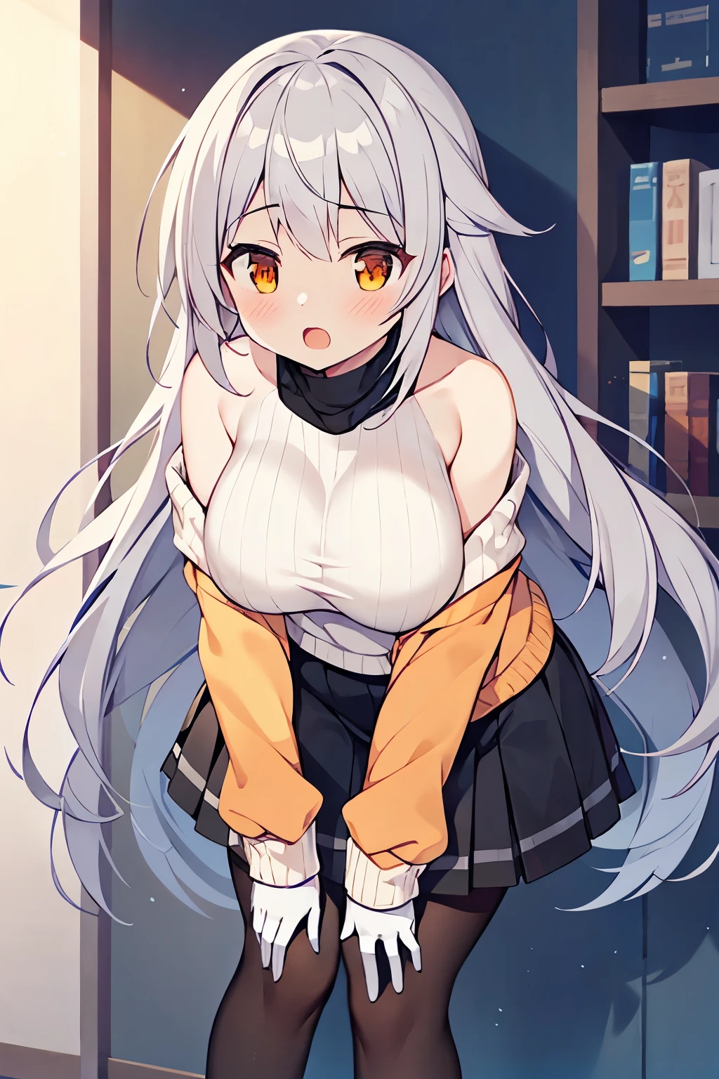 1 girl, solo, best quality, very long hair, silver hair, gradient, black footwear, long sleeves, striped pantyhose, blush, bangs, medium breasts, orange gloves, large breasts, vertical-striped pantyhose, {{gigantic breasts}}, {{sagging breasts}}, {{{bursting breasts}}}, leaning forward, off-shoulder sweater,