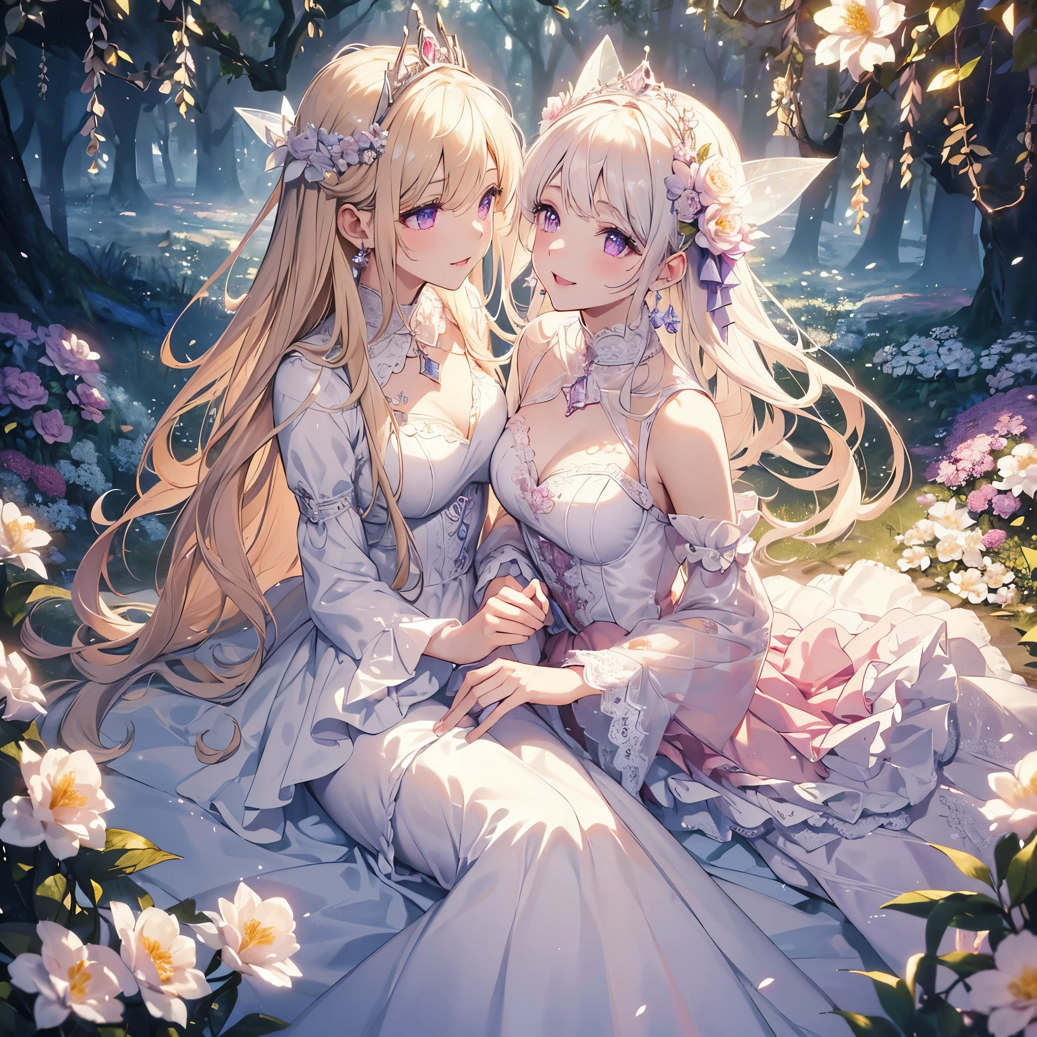 (highest quality, masterpiece, Super detailed, very detailed, exquisite, 16k,Full HD),dramatic lighting, warm lighting, soft lighting, environmental lighting, ((alone:1.5)),From the side,white background,From above,((head shot)),Wake up,large amount of flowers,The entire screen is surrounded by flowers,in the forest,(Crystal Forest),(fairy princess, purple eyes, long eyelashes,white skin,slim,Pale pink lip,pale pink cheeks, blonde,thin and long,(thin and high nose,small nose),(腰の少しFrom above巨大な妖精の羽),diamond tiara,diamond earrings,Diamond Choker,white ball gown dress with diamonds, lace and ruffles,(laughter), (fantasy, romantic atmosphere), magic light,