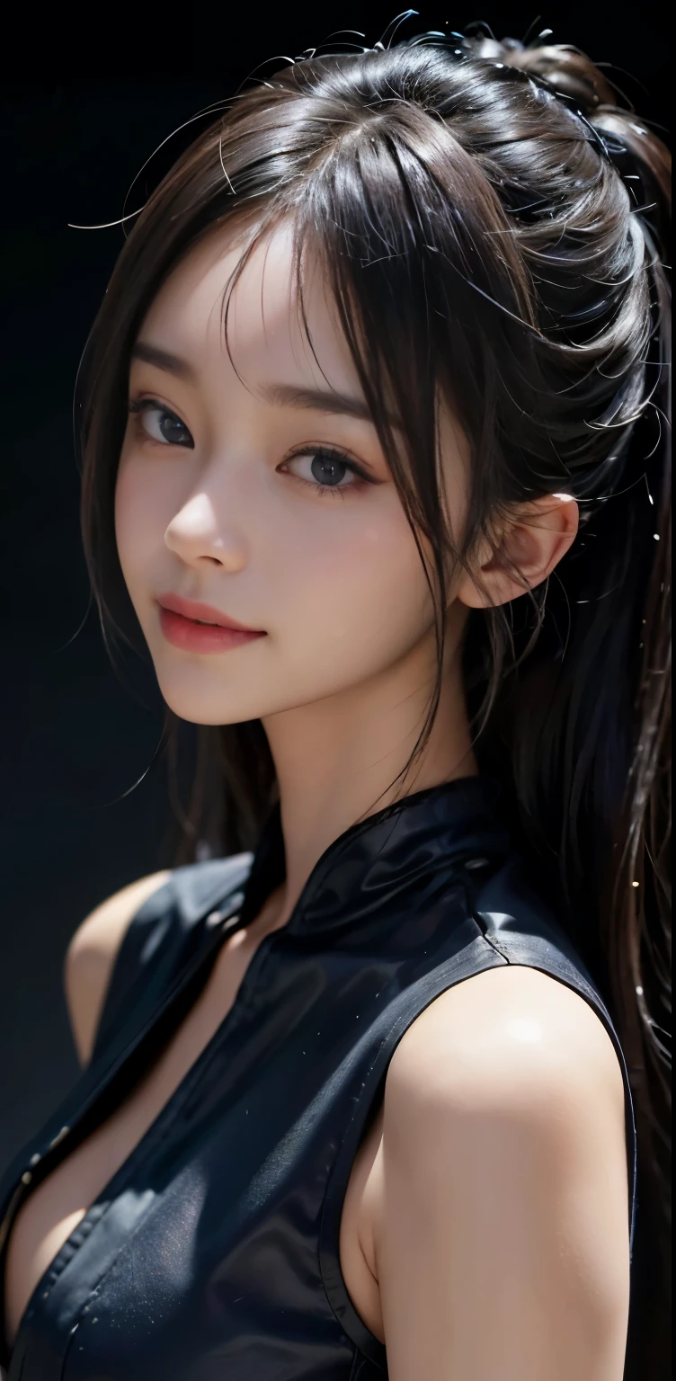 Masterpiece, 1 Beautiful Girl, Detailed, Swollen Eyes, Top Quality, Ultra High Resolution, (Reality: 1.4), Original Photo, 1Girl, Cinematic Lighting, Smiling, Japanese, Asian Beauty, Korean, Clean, Super Beautiful, Little Young Face, Beautiful Skin, Slender, Cyberpunk Background, (ultra realistic), (high resolution), (8K), (very detailed), (best illustration), (beautifully detailed eyes), (super detailed), (wallpaper), (detailed face), viewer looking, fine detail, detailed face, pureerosfaceace_v1, smiling, 46 point slanted bangs, looking straight ahead, neat clothes, dark colored eyes, clothes sleeveless, body facing front,