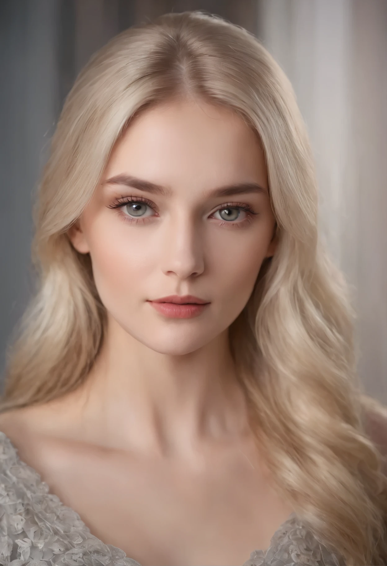 Ukrainian woman，realistic character，blonde hair hairstyle, gray eyes, alone, modern, realistic image, fotografia realistic, perfect face and hair