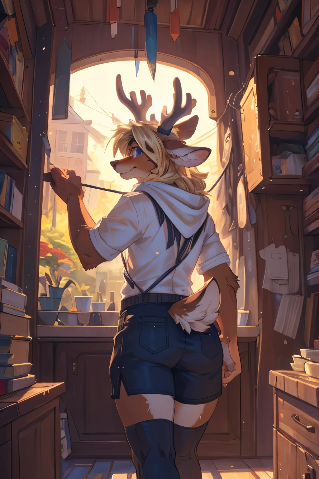 ((by itagaki_paru, by kenket, Ross Tran, ruan jia, zaush, foxovh, by Zackary911, by hyattlen, by teranen, by fumiko, by Pixelsketcher, by Bayard Wu, by Thomas Benjamin Kennington, by Einshelm, by Kilinah, by Coffeesoda, by Hioshiru, by fluff-kevlar, by r-mk, by Dimwitdog,By chelodoy, by zaush, by bebebebebe, by spuydjeks, by meesh, by bigcozyorca)), solo, feminine body, masterpiece, best quality, blue eyes,deer,deer girl,long hair,blond hair, furry, solo, (furry), ((body fur)), (smooth fur), smile,female,1girl,deer tail,deer, standing,looking at viewer, (from behind), pov ass,ass, dramatic lighting, cinematic lighting, mature female,girly, thighhighs,standing,Boyshort underpants,underpants covering butt,butt covered,big underpants,red underpants,red underwear,red shots,high leg shorts, looking at viewer,(ass, ass focus), (from behind), pov,detailed hands,detailed fingers,detailed,detailed eye,detailed pupils,detailed face,detailed mouth,detailed fingers,detailed hand