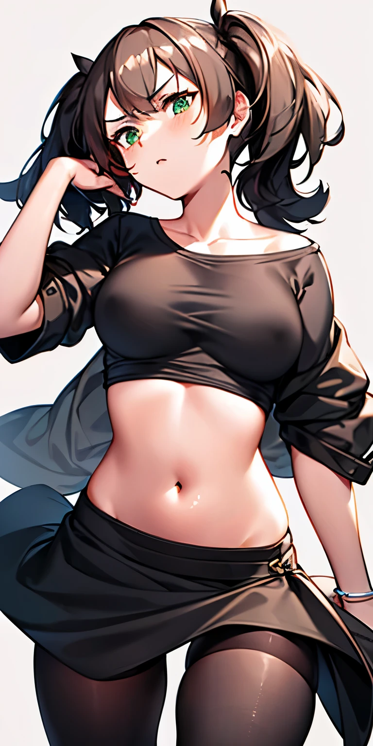 woman, medium breasts, brown hair, short twintails, green eyes, nudity, standing, blush, casual outfit, black shirt, black skirt, black tights, pulled up shirt, bare midriff, midriff, showing off, showing off midriff, close up, close up, close up, close up, close up, midriff focus