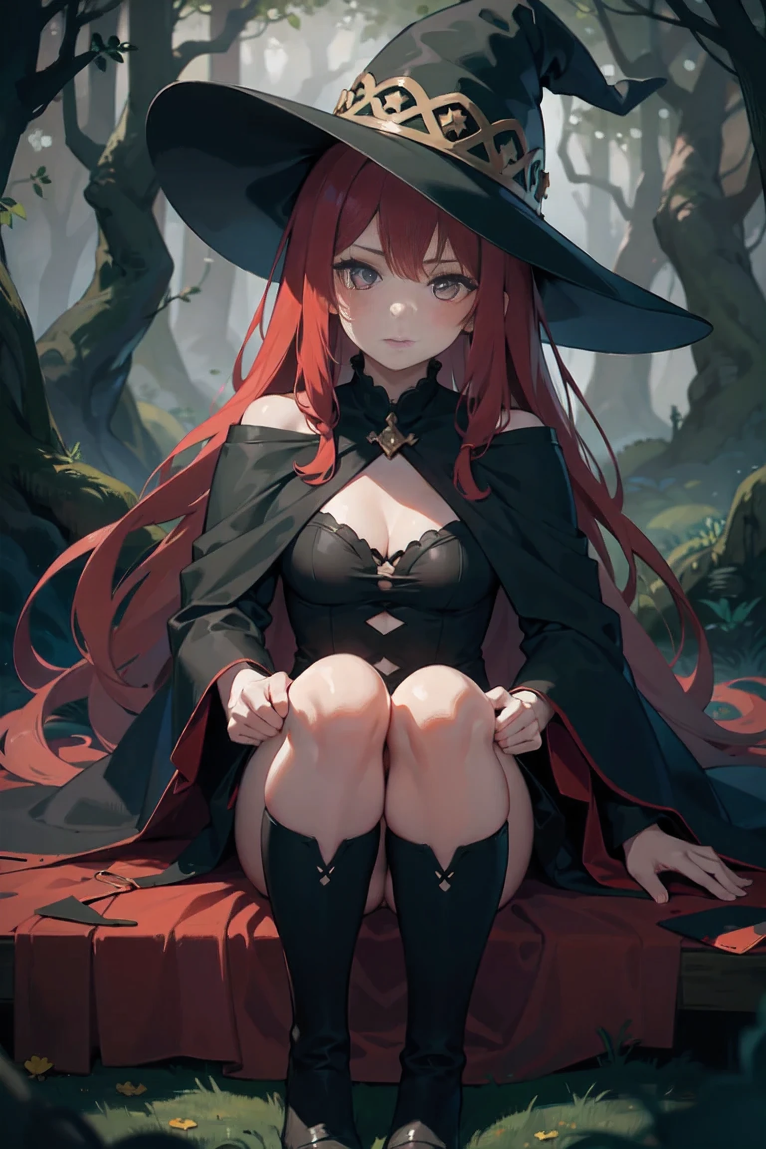 1 beautiful girl with long red hair , witch ,forest of darkness