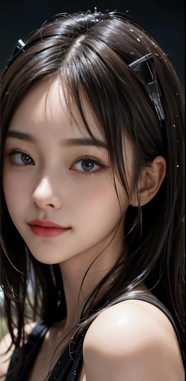 Masterpiece, 1 Beautiful Girl, Detailed, Swollen Eyes, Top Quality, Ultra High Resolution, (Reality: 1.4), Original Photo, 1Girl, Cinematic Lighting, Smiling, Japanese, Asian Beauty, Korean, Clean, Super Beautiful, Little Young Face, Beautiful Skin, Slender, Cyberpunk Background, (ultra realistic), (high resolution), (8K), (very detailed), (best illustration), (beautifully detailed eyes), (super detailed), (wallpaper), (detailed face), viewer looking, fine detail, detailed face, pureerosfaceace_v1, smiling, 46 point slanted bangs, looking straight ahead, neat clothes, dark colored eyes, clothes sleeveless, body facing front,