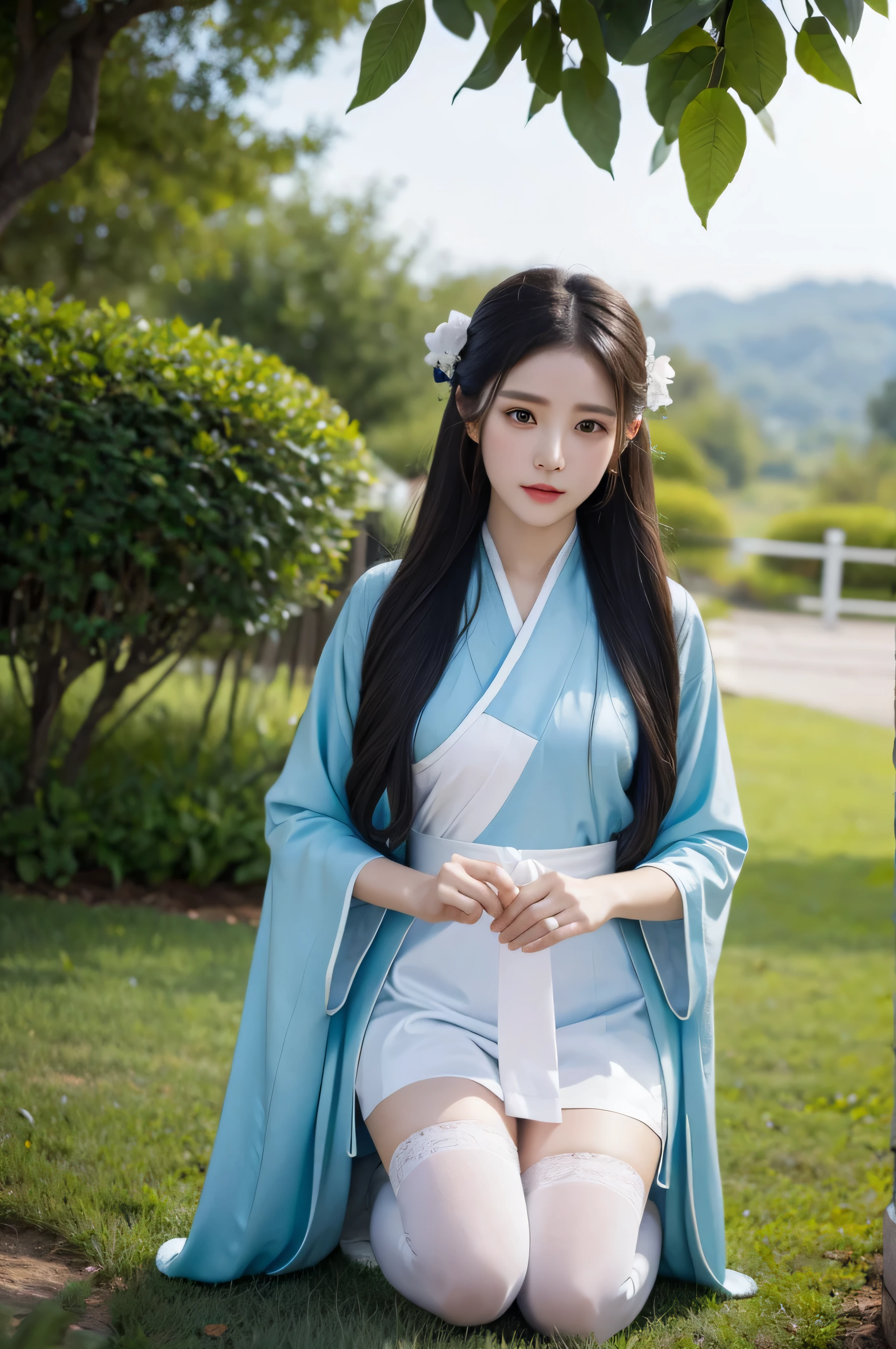 Fair, masterpiece, best quality, extremely detailed face,1 girl, alone，wrap your chest，hanfu，white stockings，kneeling position