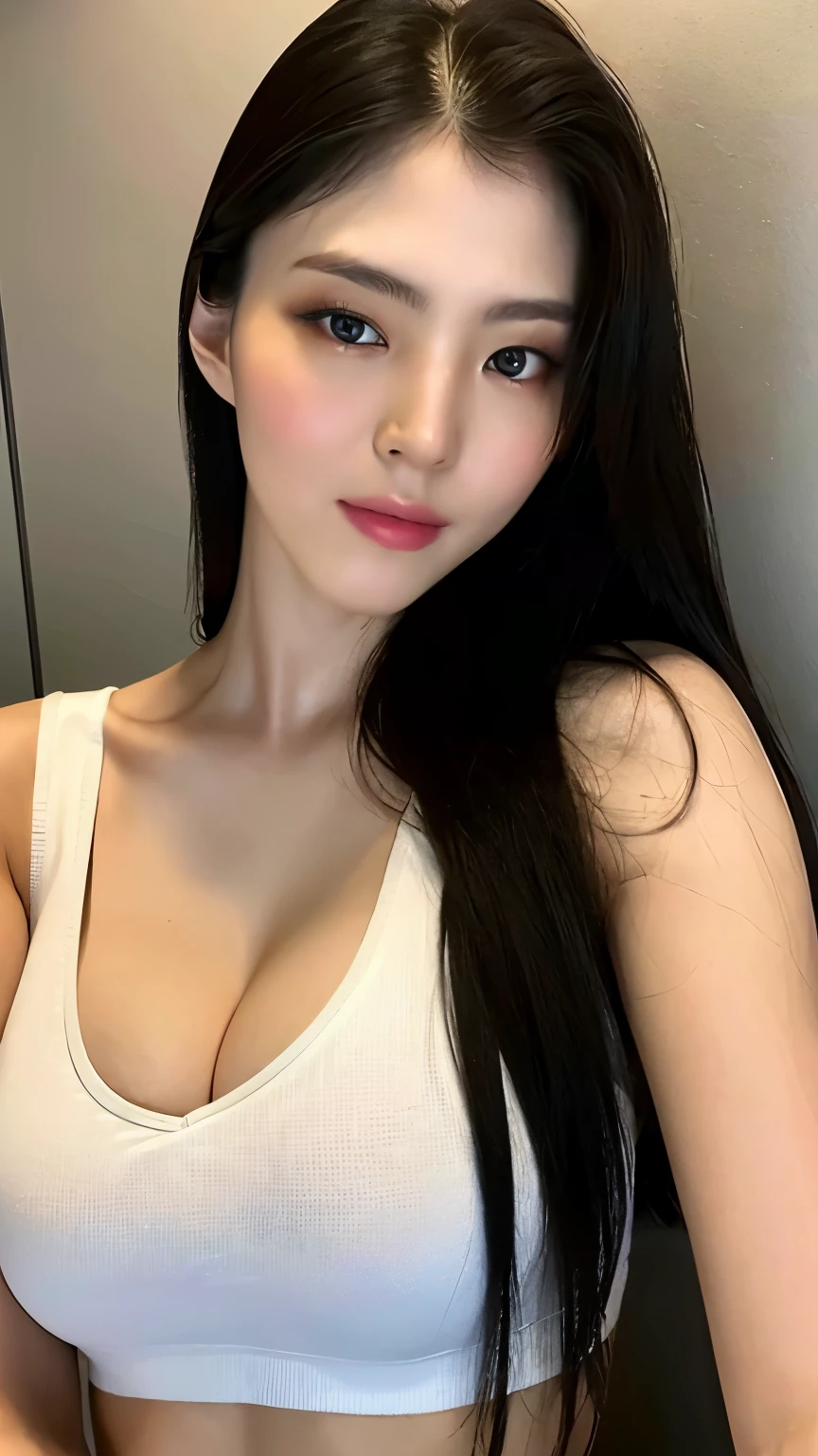 （lifelike， High resolution：1.3）， 1 Girl with perfect body， very detailed face and eyes，black hair, long hair， white tank top：1.2， big ，expose cleavage,　full body description,　exy pose