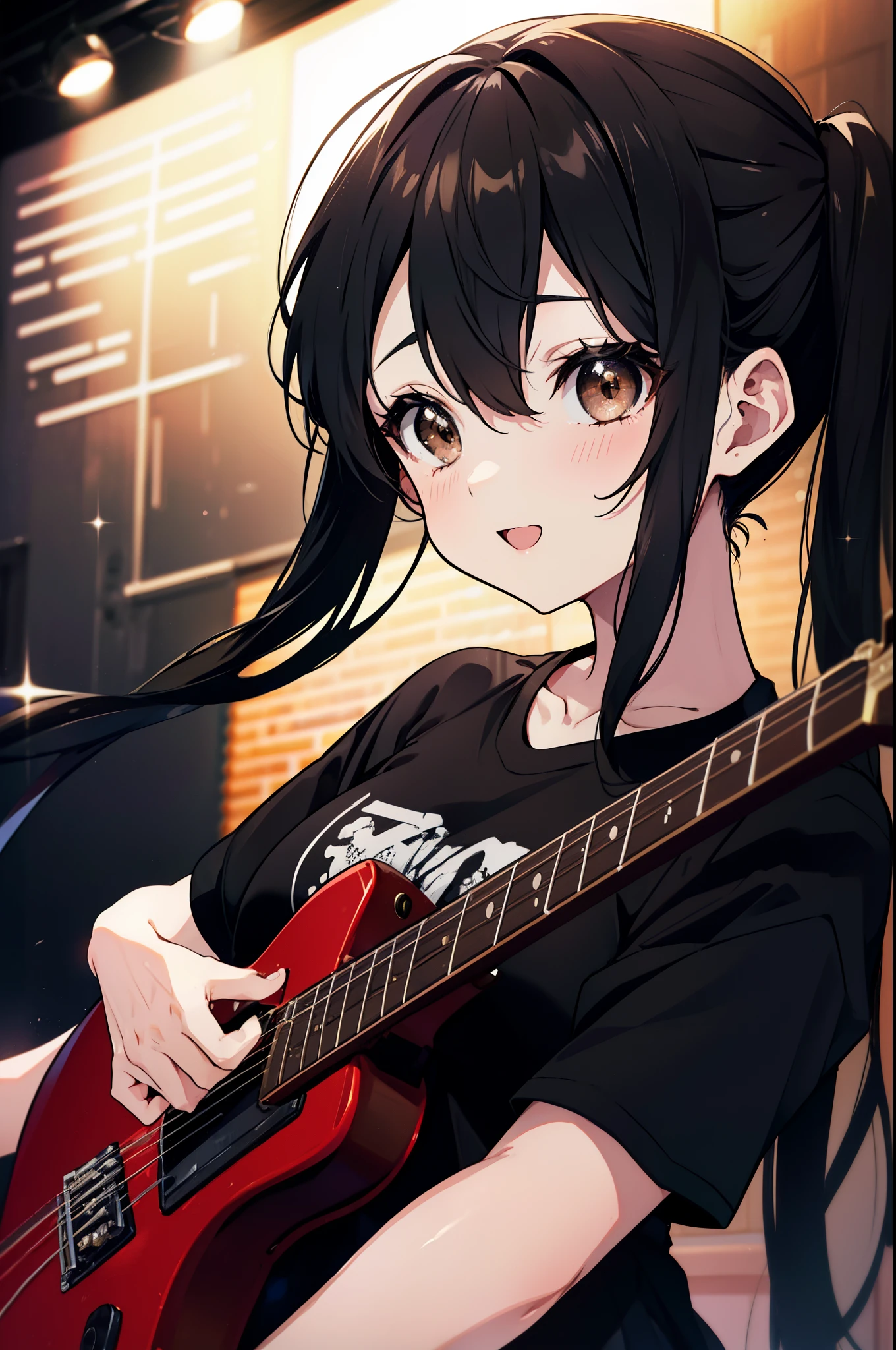 azusa nakano, nakano azusa, (black hair:1.5), (brown eyes:1.7), smile,long hair, twin tails,small breasts, black t-shirt,pleated skirt, break (table top:1.2), (masterpiece:1.2), highest quality, High resolution, unity 8k wallpaper, (shape:0.8), (beautiful and detailed eyes:1.6), highly detailed face, perfect lighting, Very detailed CG, (perfect hands, perfect anatomy),rock band concert, musical instrument performance, stage performance, hot air,happy atmosphere,スタンドマイクの前でguitarをを弾きながら熱唱,guitar(red mustang),sweat on forehead,汗ばんだblack t-shirt,open your mouth and sing,