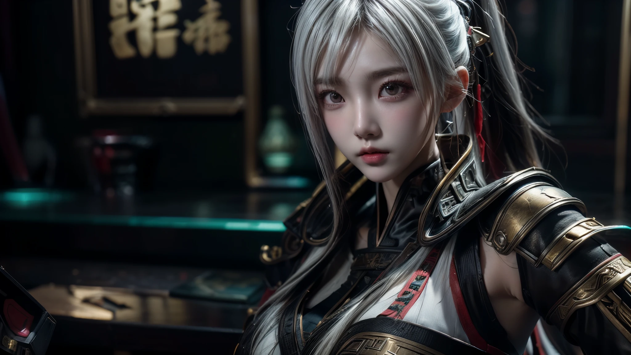masterpiece,Game art,best picture quality,Highest resolution,8K,(portrait),Unreal Engine 5 rendering works,(digital photography),((portrait Feature:1.5)),
20 year old girl,Short hair details,Have long bangs,(Red eye makeup is very detailed),(white short hair:1.4),(big deal, plump breasts),Elegant and noble,Brave and charming,
(Cyberpunk battle suit combines the characteristics of Chinese fairy costumes,Combined with the characteristics of Dunhuang costumes,ribbon,golden pattern),cyberpunk characters,Big moon background,
Cinema lights,Ray tracing,Game CG,((3D Unreal Engine)),OC rendering reflection pattern, ((solo)),