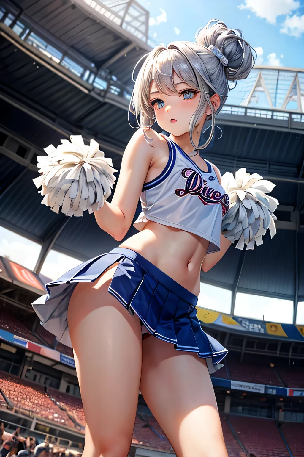 raise one leg、panty shot、cheerleader beauty、silver hair upstyle、((whole body))、(((photo taken from below)))、baseball Ground