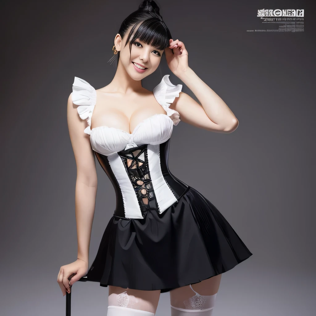 A woman wearing a skimpy white skirt and a black maid outfit, white stockings, and a tight corset, flaunt your big curves, mohawk hairstyle, so beautiful、full body shot、she starts bragging playfully, enjoy the attention. She is facing the viewer, smile happily, spread your legasterpiece, highest resolution, quality, be familiar with, sharply focused, professional image