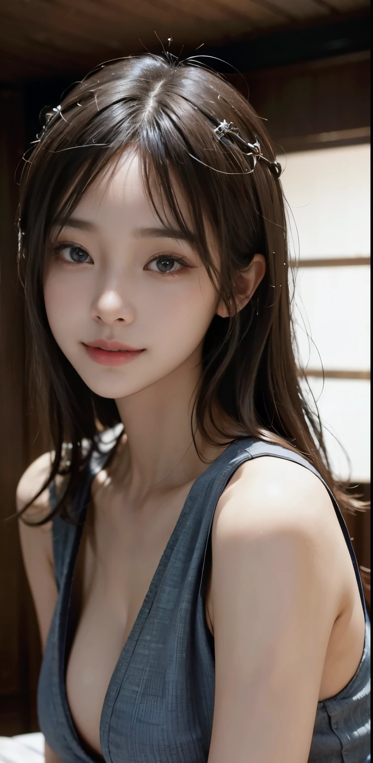 Masterpiece, 1 Beautiful Girl, Detailed, Swollen Eyes, Top Quality, Ultra High Resolution, (Reality: 1.4), Original Photo, 1Girl, Cinematic Lighting, Smiling, Japanese, Asian Beauty, Korean, Clean, Super Beautiful, Little Young Face, Beautiful Skin, Slender, Cyberpunk Background, (ultra realistic), (high resolution), (8K), (very detailed), (best illustration), (beautifully detailed eyes), (super detailed), (wallpaper), (detailed face), viewer looking, fine detail, detailed face, pureerosfaceace_v1, smiling, 46 point slanted bangs, looking straight ahead, neat clothes, dark colored eyes, clothes sleeveless, body facing front,