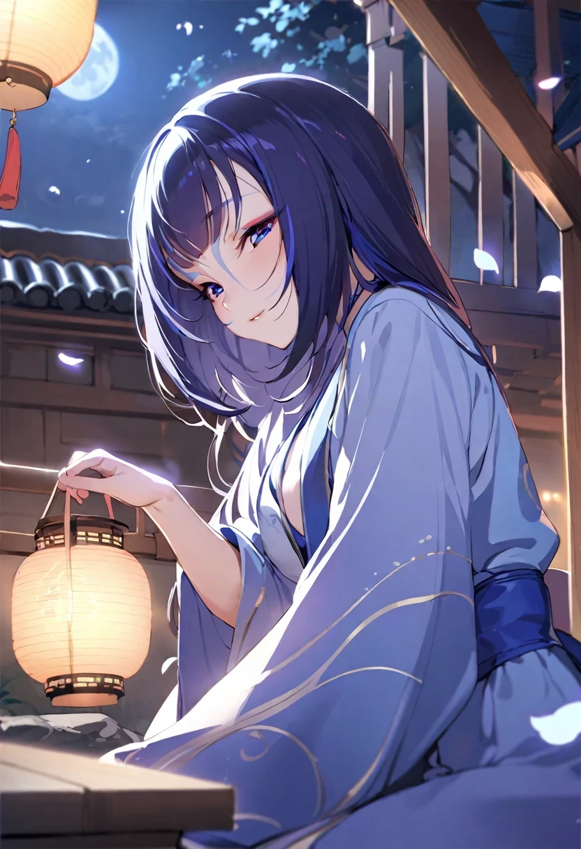 (((shy lily))),(best quality)), ((masterpiece)), (detailed), there is a rabbit pounding medicine on the moon, moon, full moon, petal, outdoor, from the side, Mid-Autumn Festival, hanfu, lantern,