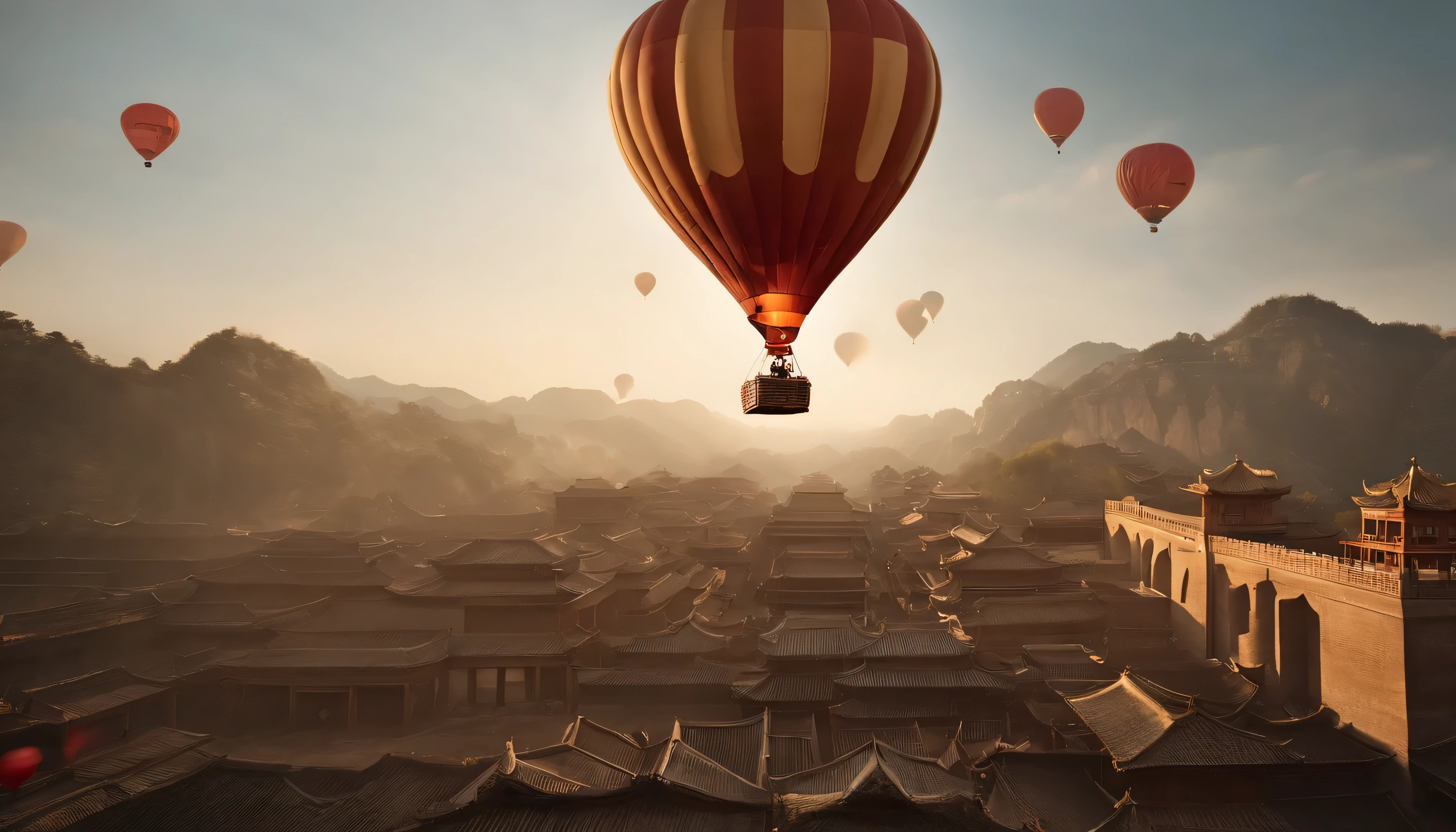 close shot,There is a hot air balloon floating at the height of the roof,The hot air balloon occupies half of the frame,Streets of the ancient city of Xi'an during the Tang Dynasty in China,There is a child sitting in the basket of a hot air balloon,The picture angle is a bird’s eye view