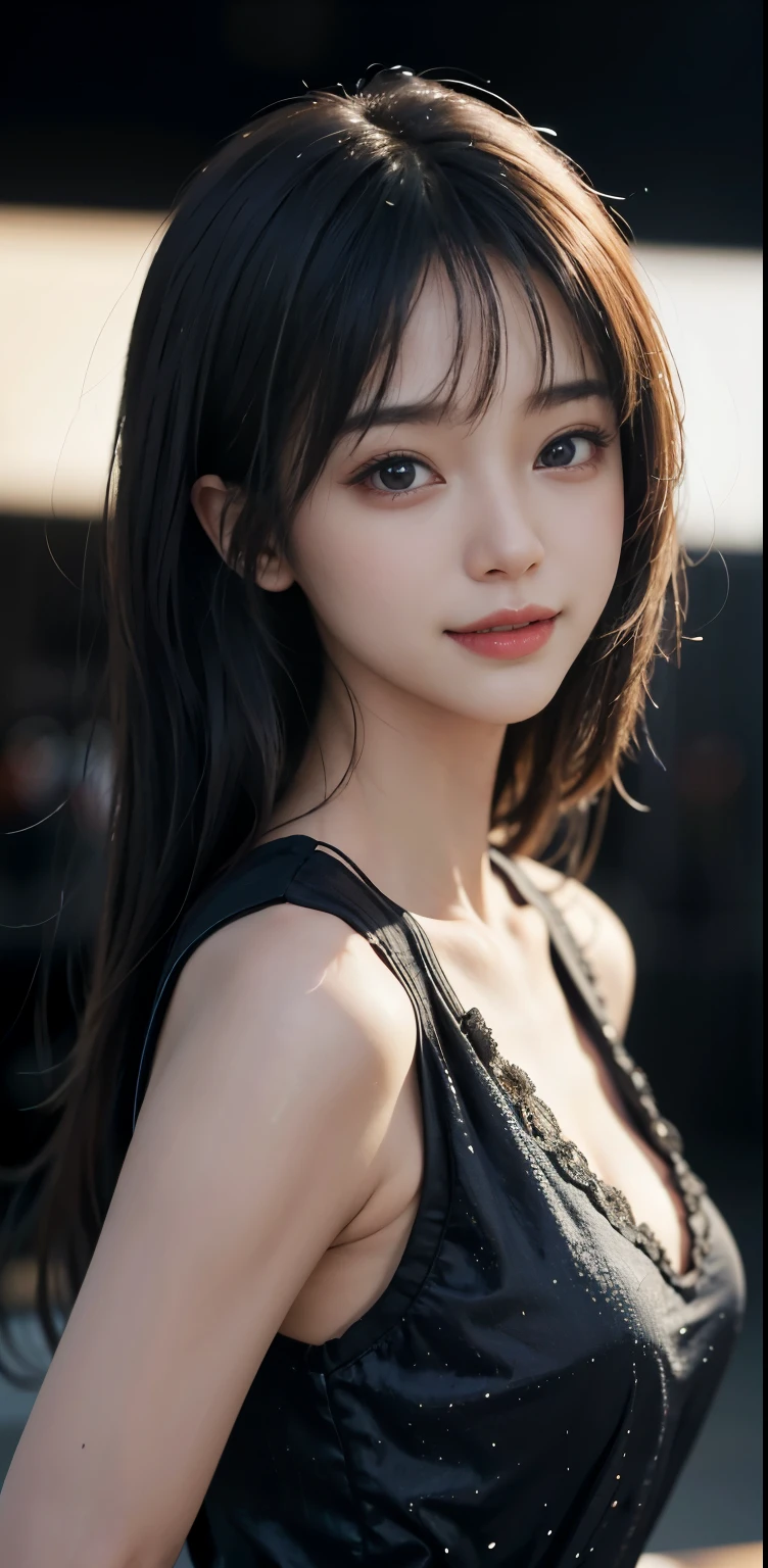 Masterpiece, 1 Beautiful Girl, Detailed, Swollen Eyes, Top Quality, Ultra High Resolution, (Reality: 1.4), Original Photo, 1Girl, Cinematic Lighting, Smiling, Japanese, Asian Beauty, Korean, Clean, Super Beautiful, Little Young Face, Beautiful Skin, Slender, Cyberpunk Background, (ultra realistic), (high resolution), (8K), (very detailed), (best illustration), (beautifully detailed eyes), (super detailed), (wallpaper), (detailed face), viewer looking, fine detail, detailed face, pureerosfaceace_v1, smiling, 46 point slanted bangs, looking straight ahead, neat clothes, dark colored eyes, clothes sleeveless, body facing front,