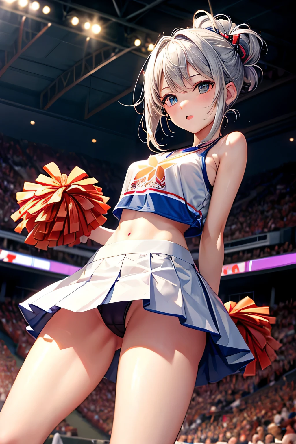raise one leg、panty shot、cheerleader beauty、silver hair upstyle、((whole body))、(((photo taken from below)))、baseball Ground