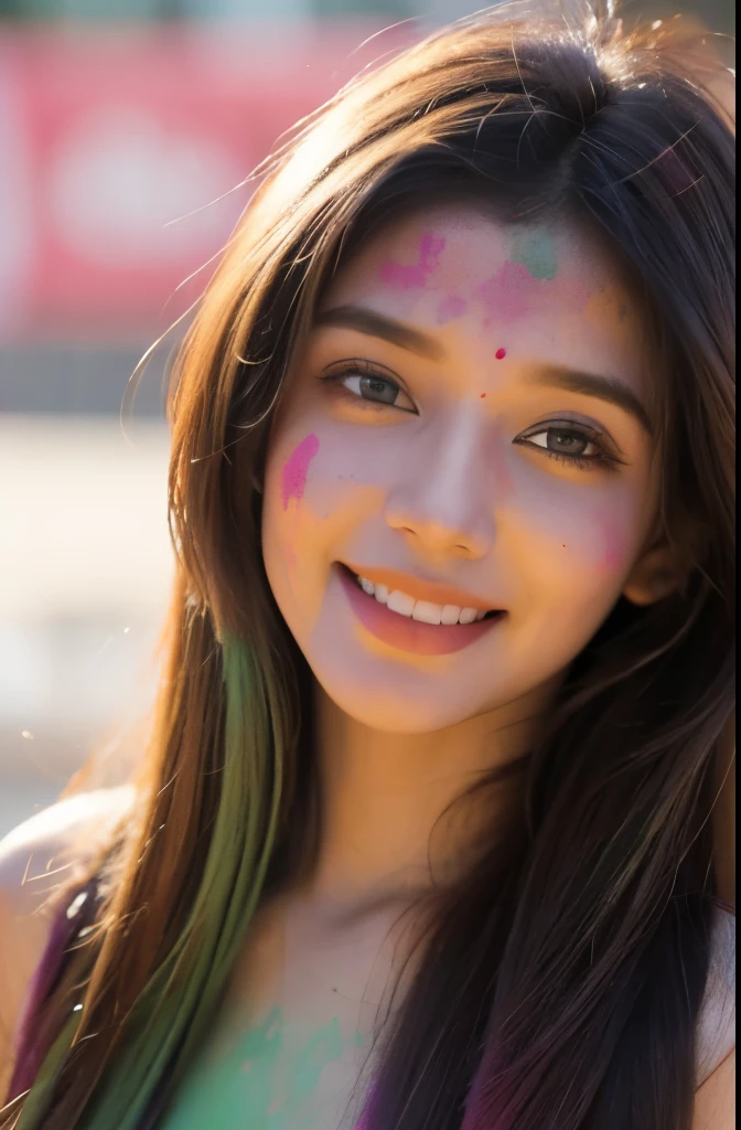 (best quality,4k,8k,highres,masterpiece:1.2),ultra-detailed India holi festival,(realistic,photorealistic,photo-realistic:1.37),beautiful detailed eyes with holi colors,beautiful detailed smiling lips,green eyes,smiling face, face full of holi colours,photography,professional,vivid colors ,brunette hair,long flowing hair,,28 years old,face full of holi colors