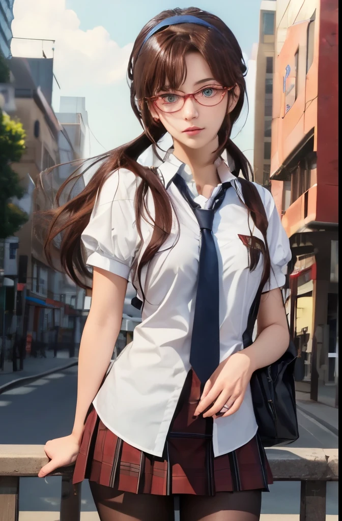 marimakinami, Mari Makinami, blue big eyes, brown hair, thick red rimmed glasses, big breasts、head band, twin tails, break dress shirt, pantyhose, plaid, plaid skirt, , shirt, skirt, break outdoors, city, break looking at viewer, break (masterpiece:1.2), highest quality, High resolution, unity 8k wallpaper, (figure:0.8), (detailed and beautiful eyes:1.6), highly detailed face, perfect lighting, Very detailed CG, (perfect hands, perfect anatomy),