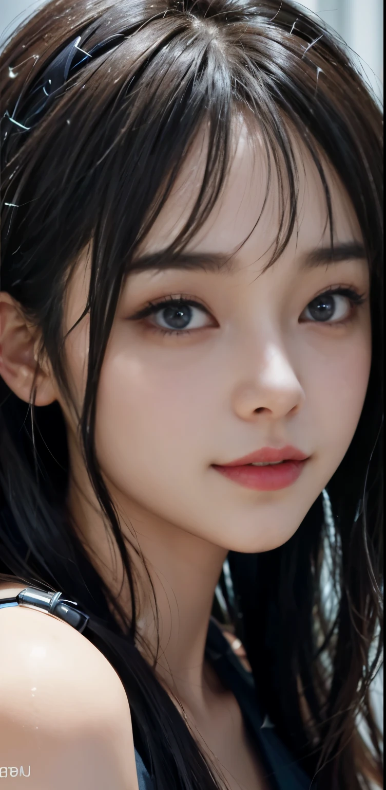Masterpiece, 1 Beautiful Girl, Detailed, Swollen Eyes, Top Quality, Ultra High Resolution, (Reality: 1.4), Original Photo, 1Girl, Cinematic Lighting, Smiling, Japanese, Asian Beauty, Korean, Clean, Super Beautiful, Little Young Face, Beautiful Skin, Slender, Cyberpunk Background, (ultra realistic), (high resolution), (8K), (very detailed), (best illustration), (beautifully detailed eyes), (super detailed), (wallpaper), (detailed face), viewer looking, fine detail, detailed face, pureerosfaceace_v1, smiling, 46 point slanted bangs, looking straight ahead, neat clothes, dark colored eyes, clothes sleeveless, body facing front,