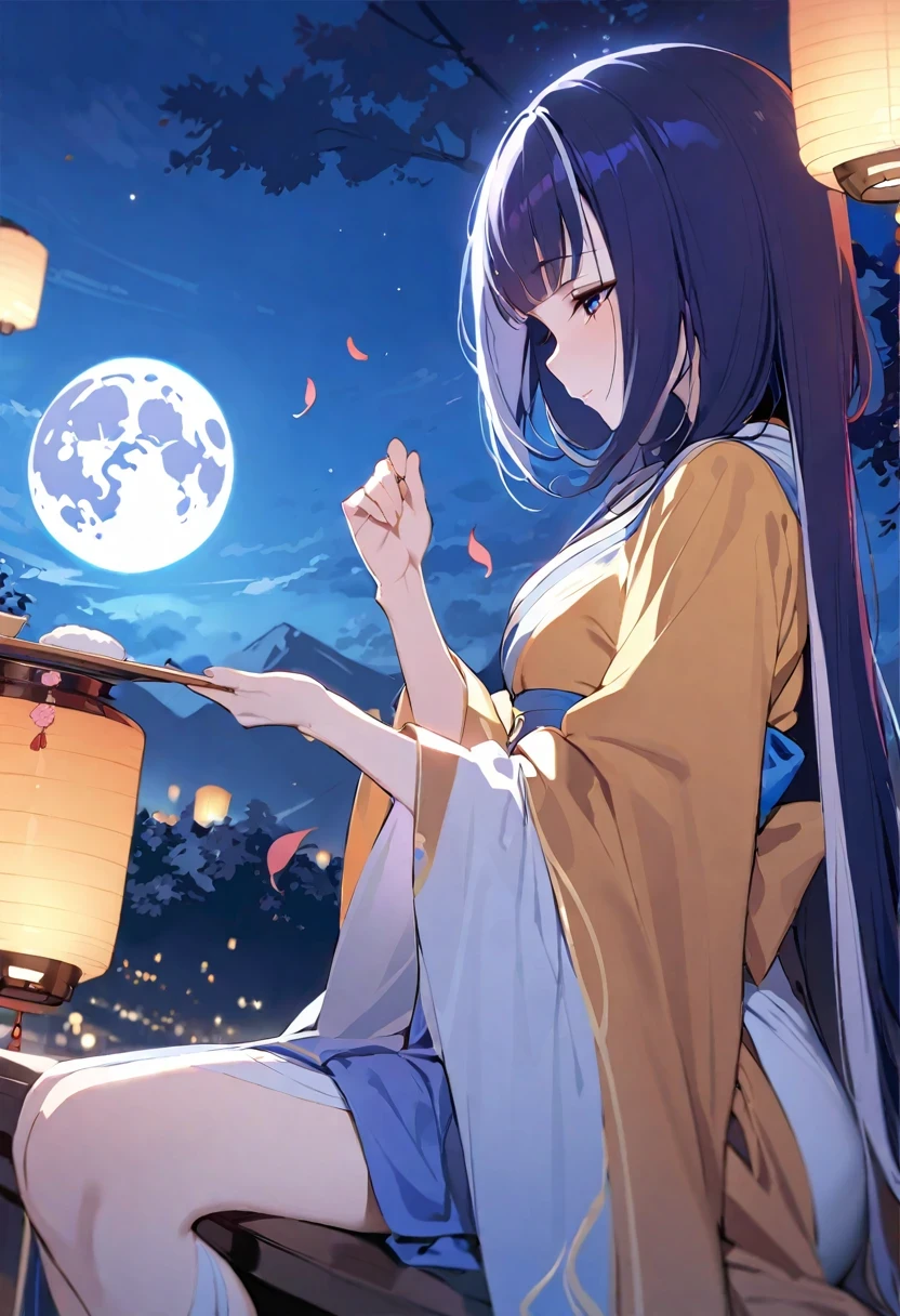 (((shy lily))),(best quality)), ((masterpiece)), (detailed), there is a rabbit pounding medicine on the moon, moon, full moon, petal, outdoor, from the side, Mid-Autumn Festival, hanfu, lantern,