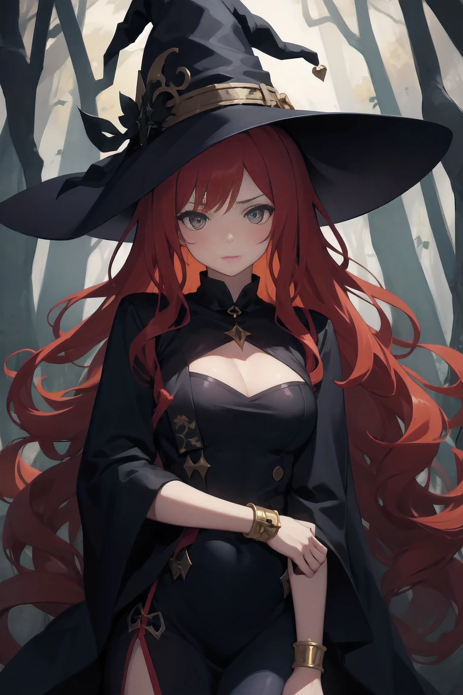 1 beautiful girl with long red hair , witch ,forest of darkness