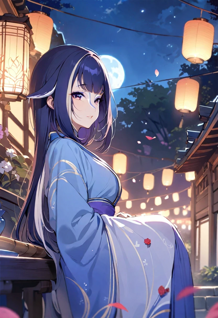 (((shy lily))),(best quality)), ((masterpiece)), (detailed), there is a rabbit pounding medicine on the moon, moon, full moon, petal, outdoor, from the side, Mid-Autumn Festival, hanfu, lantern,