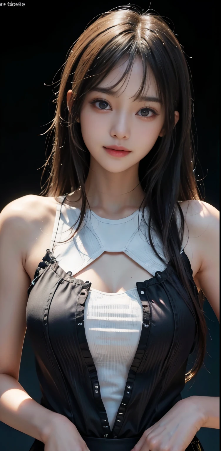 Masterpiece, 1 Beautiful Girl, Detailed, Swollen Eyes, Top Quality, Ultra High Resolution, (Reality: 1.4), Original Photo, 1Girl, Cinematic Lighting, Smiling, Japanese, Asian Beauty, Korean, Clean, Super Beautiful, Little Young Face, Beautiful Skin, Slender, Cyberpunk Background, (ultra realistic), (high resolution), (8K), (very detailed), (best illustration), (beautifully detailed eyes), (super detailed), (wallpaper), (detailed face), viewer looking, fine detail, detailed face, pureerosfaceace_v1, smiling, 46 point slanted bangs, looking straight ahead, neat clothes, dark colored eyes, clothes sleeveless, body facing front,