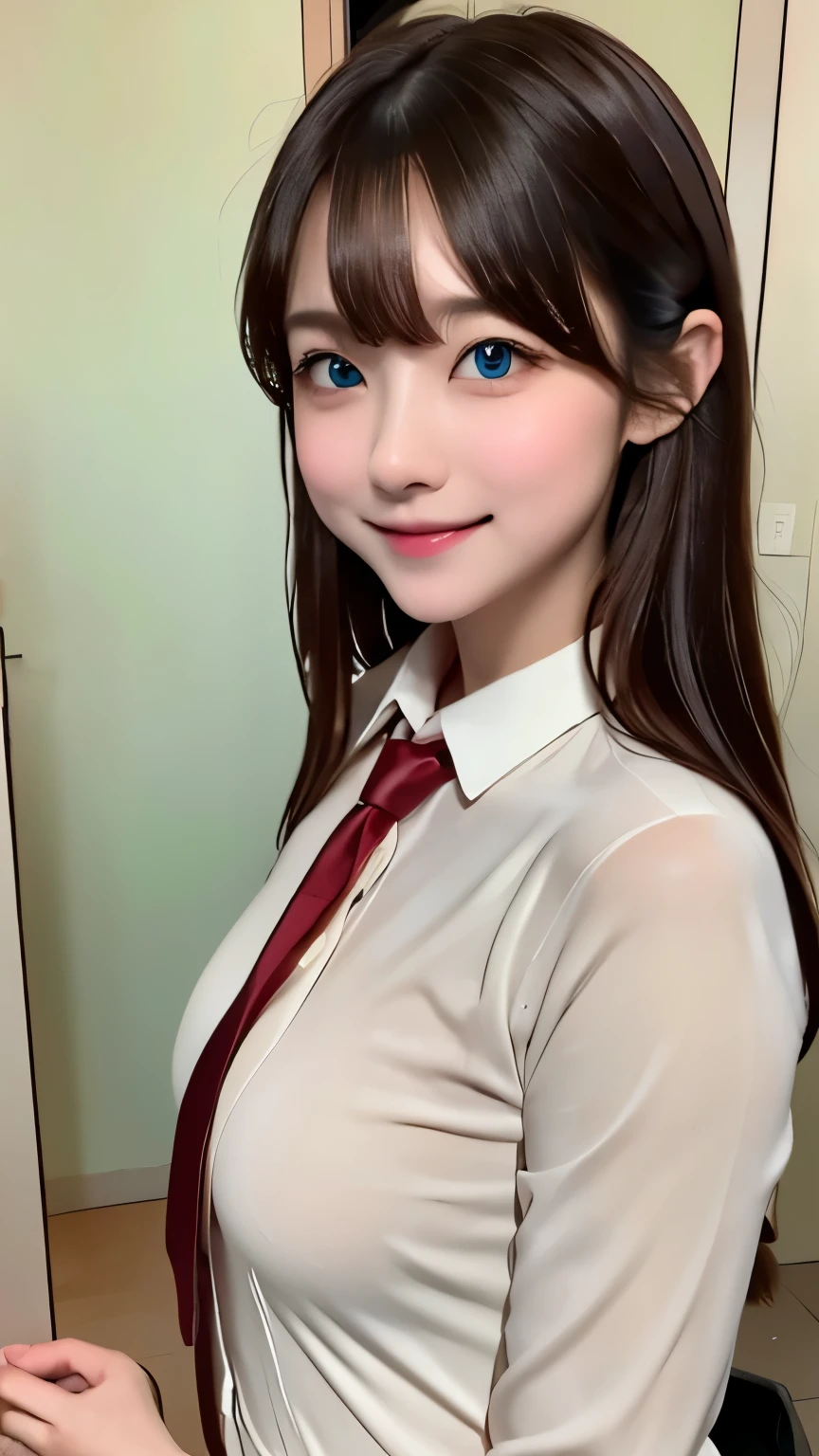 masterpiece, highest quality, Super detailed, shape, stunning lighting, cinematic composition, isometric, 1 girl, alone, cute, brown eyes, black hair, flowing bangs, single side lock, red hair clip, white collared shirt, black tie, black pants, formal, captivating gaze, seductive pose, indoors, office, door, opening door, looking at the viewer, show one'Upper body, blush, enchanting smile, closed mouth,(8K:1.1),