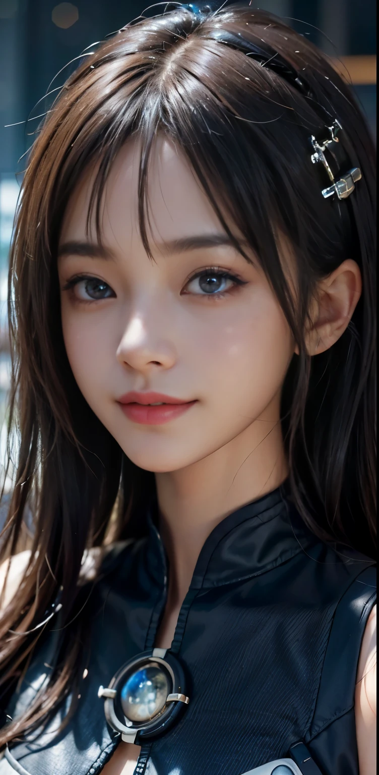 Masterpiece, 1 Beautiful Girl, Detailed, Swollen Eyes, Top Quality, Ultra High Resolution, (Reality: 1.4), Original Photo, 1Girl, Cinematic Lighting, Smiling, Japanese, Asian Beauty, Korean, Clean, Super Beautiful, Little Young Face, Beautiful Skin, Slender, Cyberpunk Background, (ultra realistic), (high resolution), (8K), (very detailed), (best illustration), (beautifully detailed eyes), (super detailed), (wallpaper), (detailed face), viewer looking, fine detail, detailed face, pureerosfaceace_v1, smiling, 46 point slanted bangs, looking straight ahead, neat clothes, dark colored eyes, clothes sleeveless, body facing front,